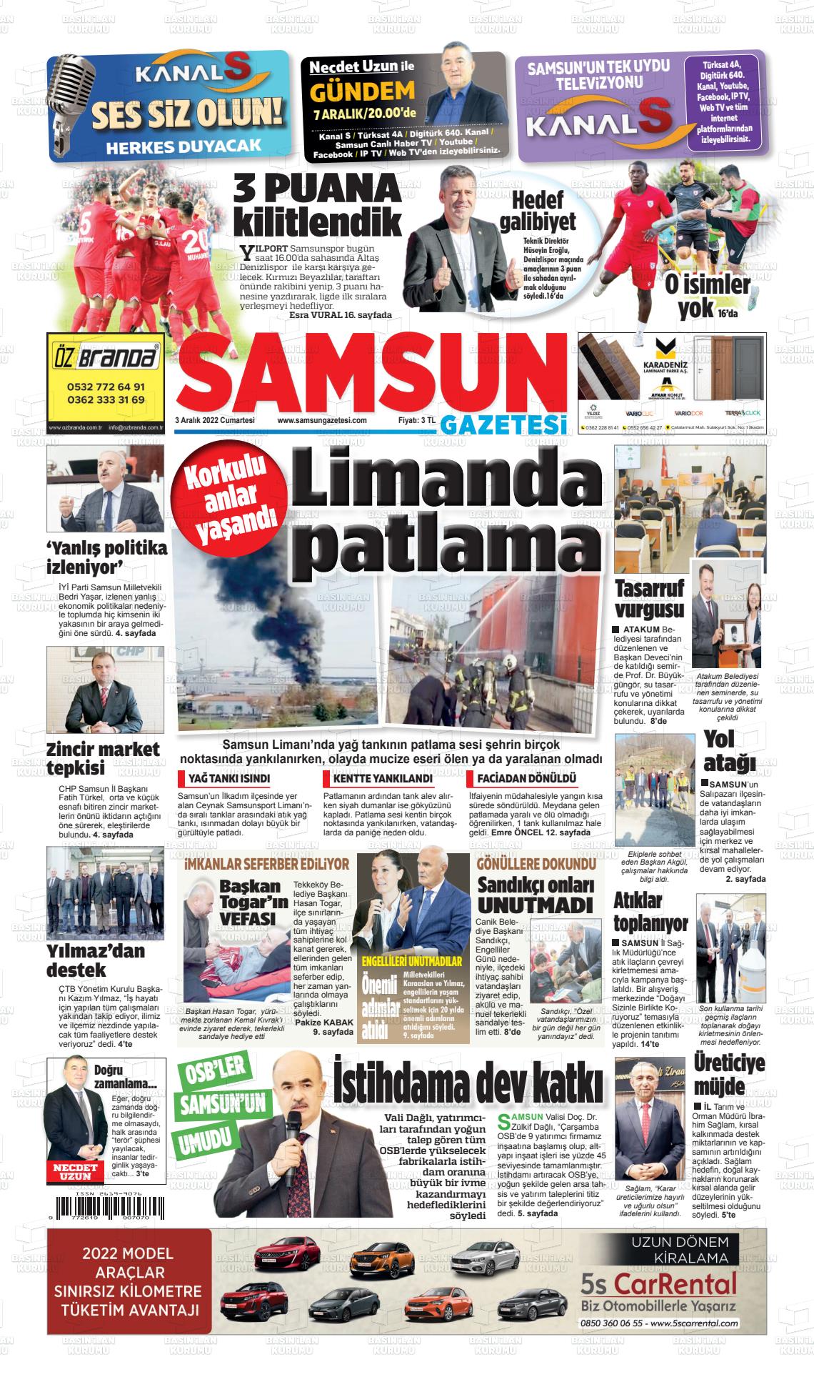 03 Aralık 2022 Samsun Gazete Manşeti