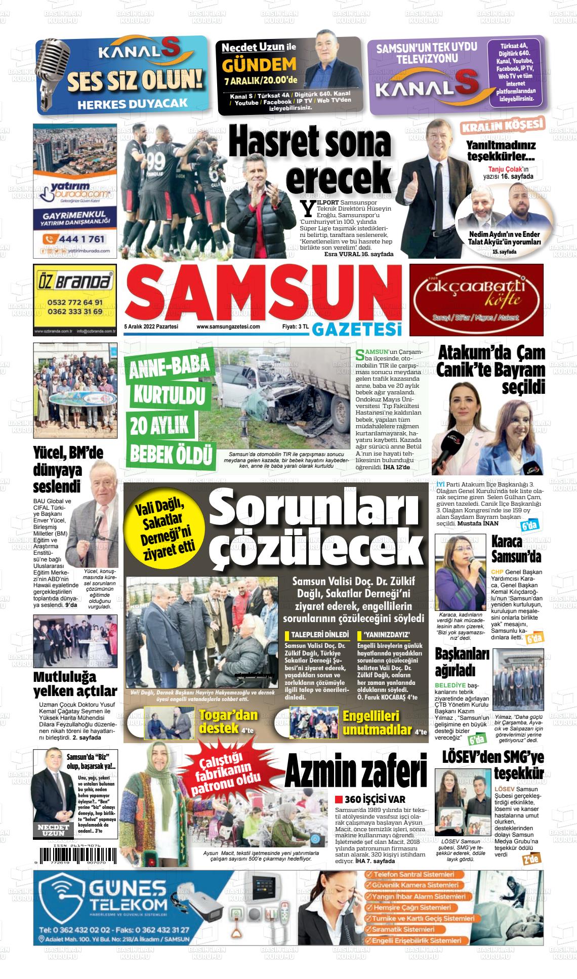 05 Aralık 2022 Samsun Gazete Manşeti
