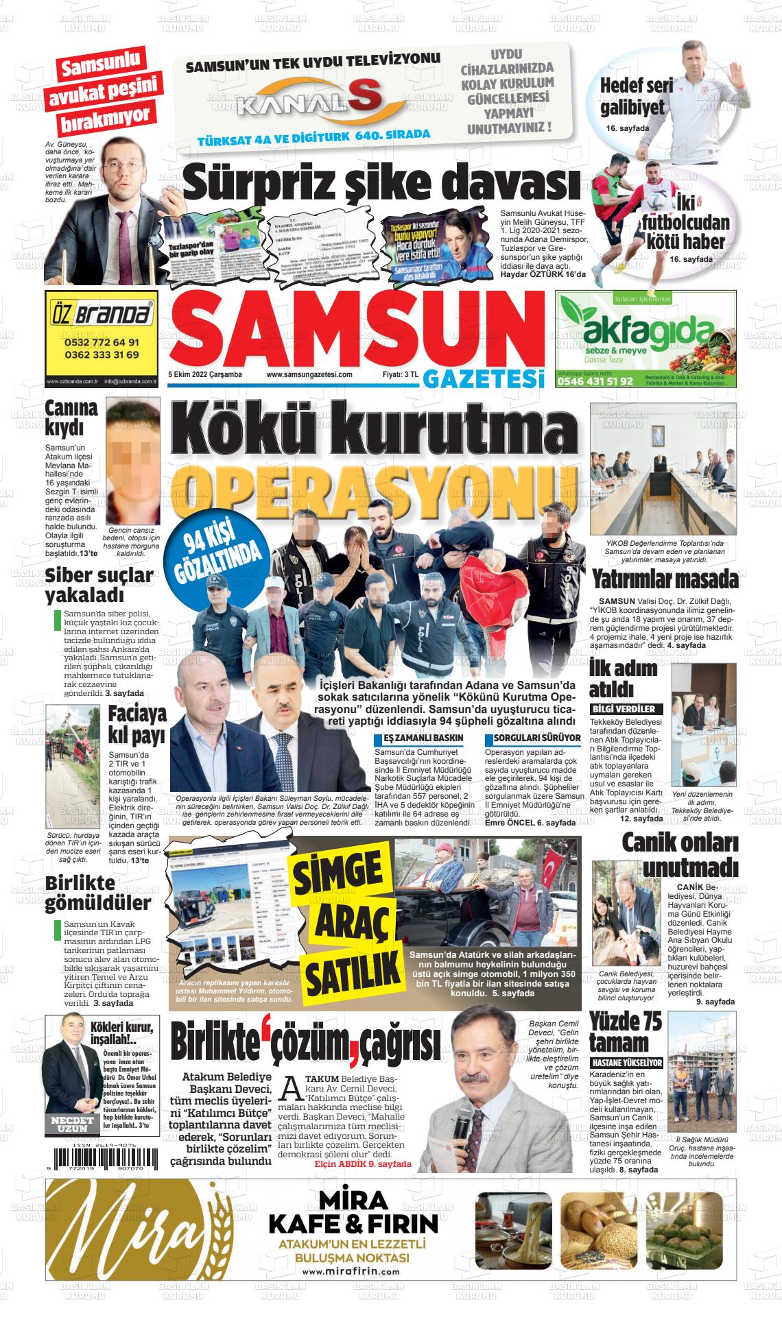 05 Ekim 2022 Samsun Gazete Manşeti