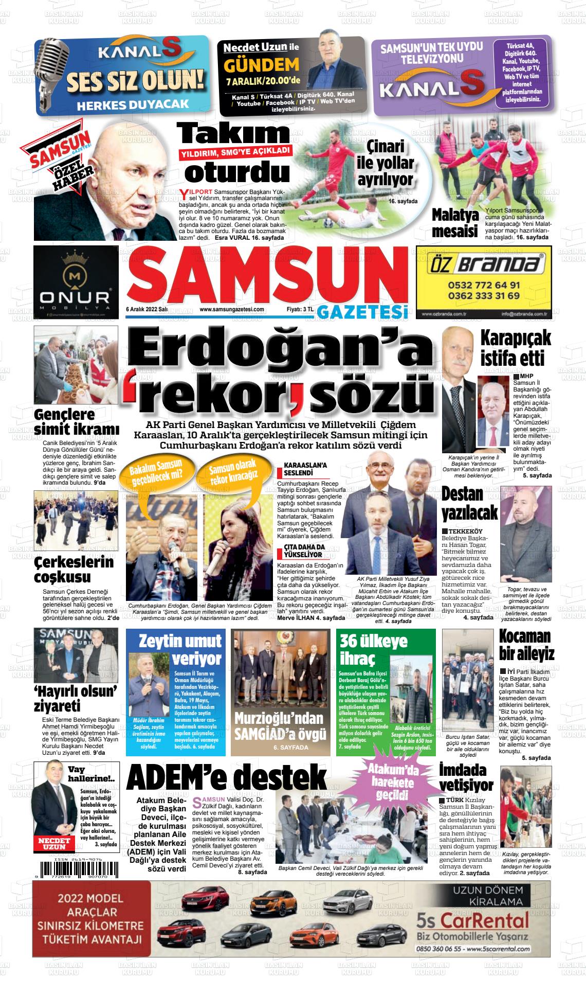 06 Aralık 2022 Samsun Gazete Manşeti
