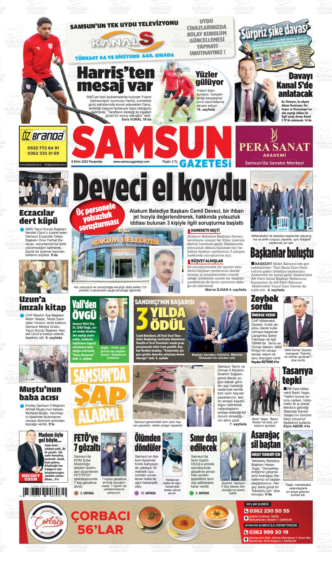 06 Ekim 2022 Samsun Gazete Manşeti