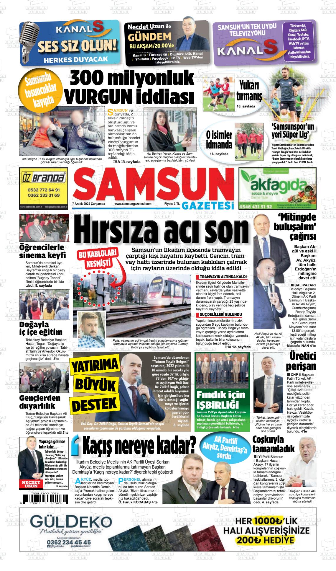 07 Aralık 2022 Samsun Gazete Manşeti
