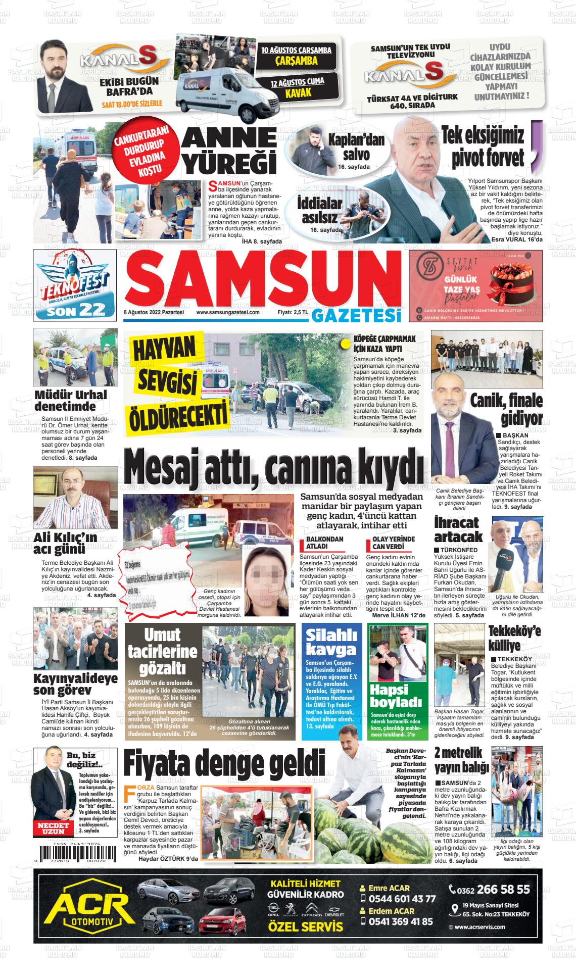 08 Ağustos 2022 Samsun Gazete Manşeti