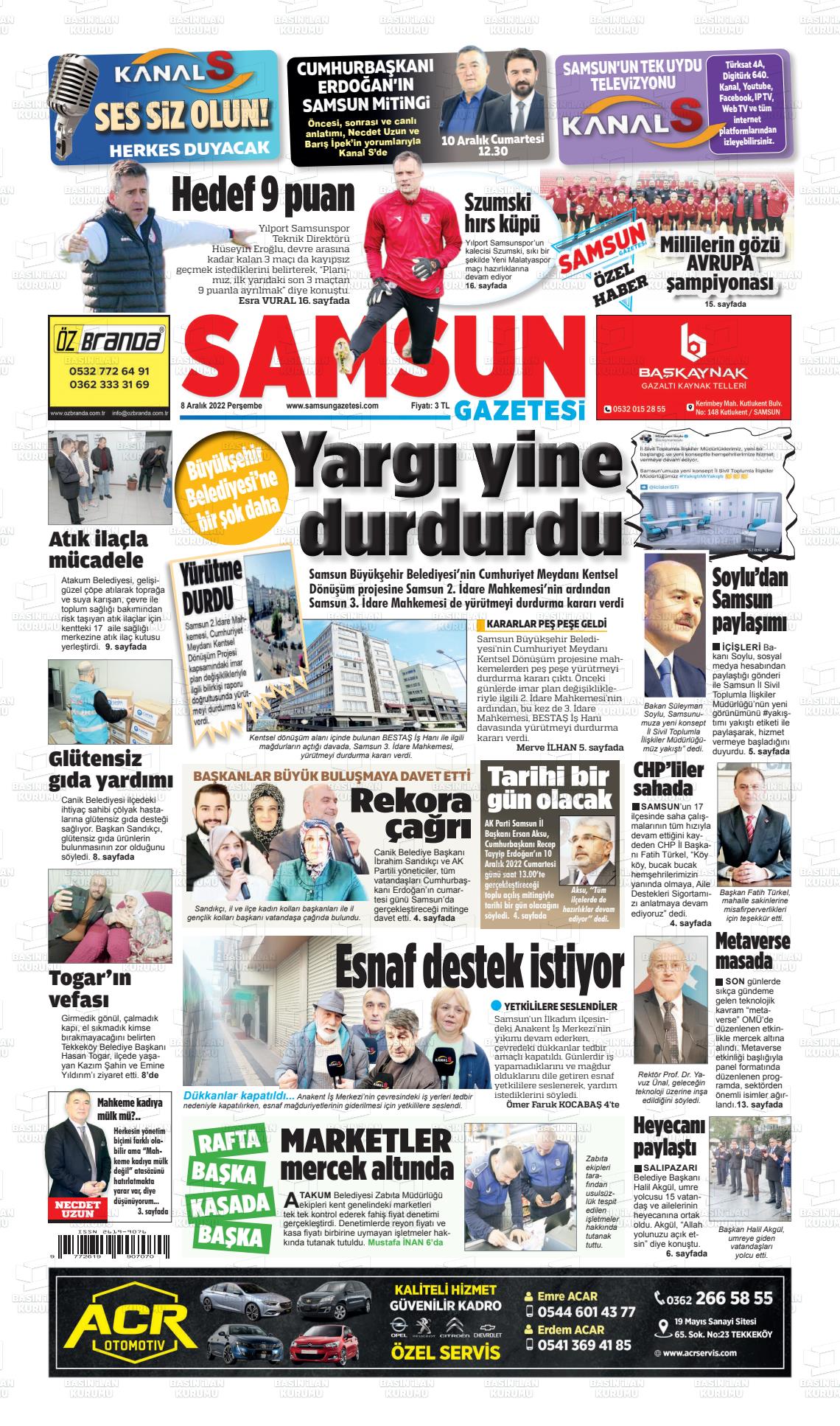 08 Aralık 2022 Samsun Gazete Manşeti