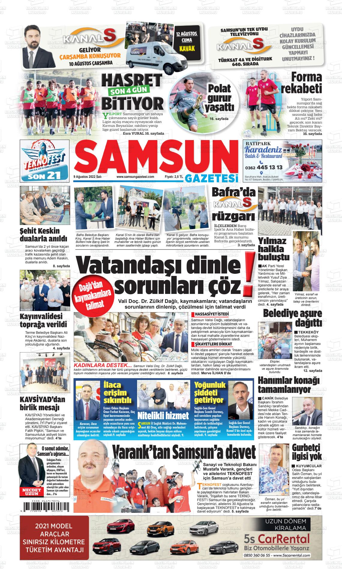 09 Ağustos 2022 Samsun Gazete Manşeti