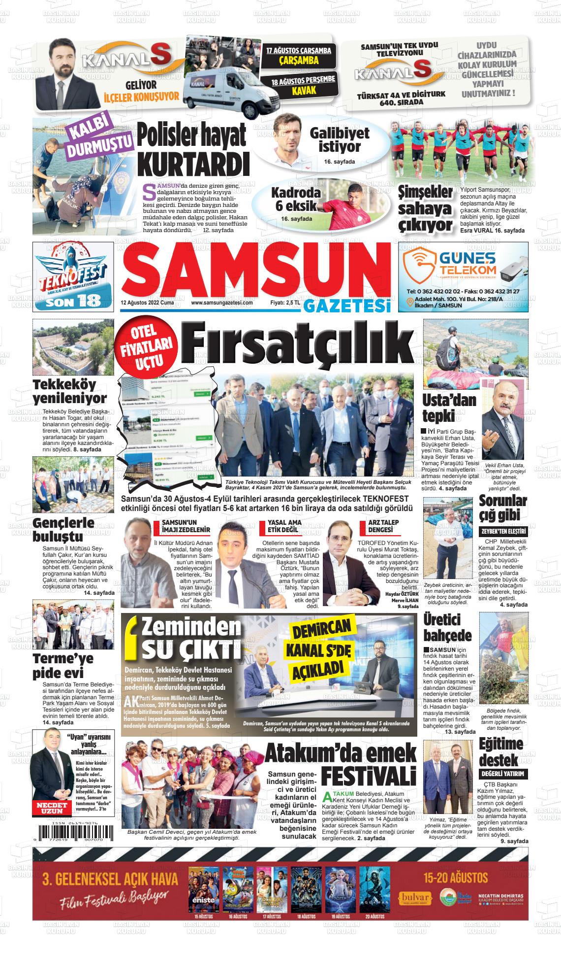 12 Ağustos 2022 Samsun Gazete Manşeti