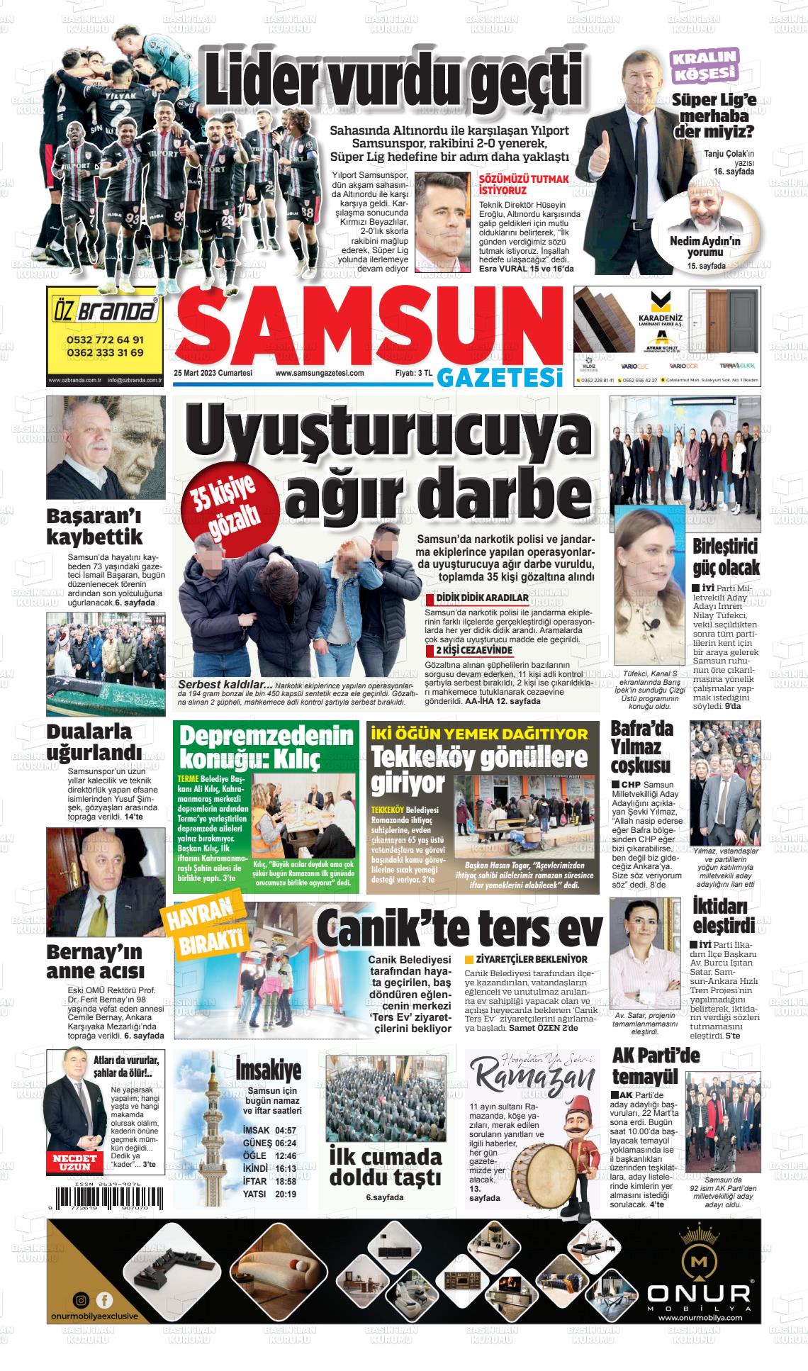 25 Mart 2023 Samsun Gazete Manşeti