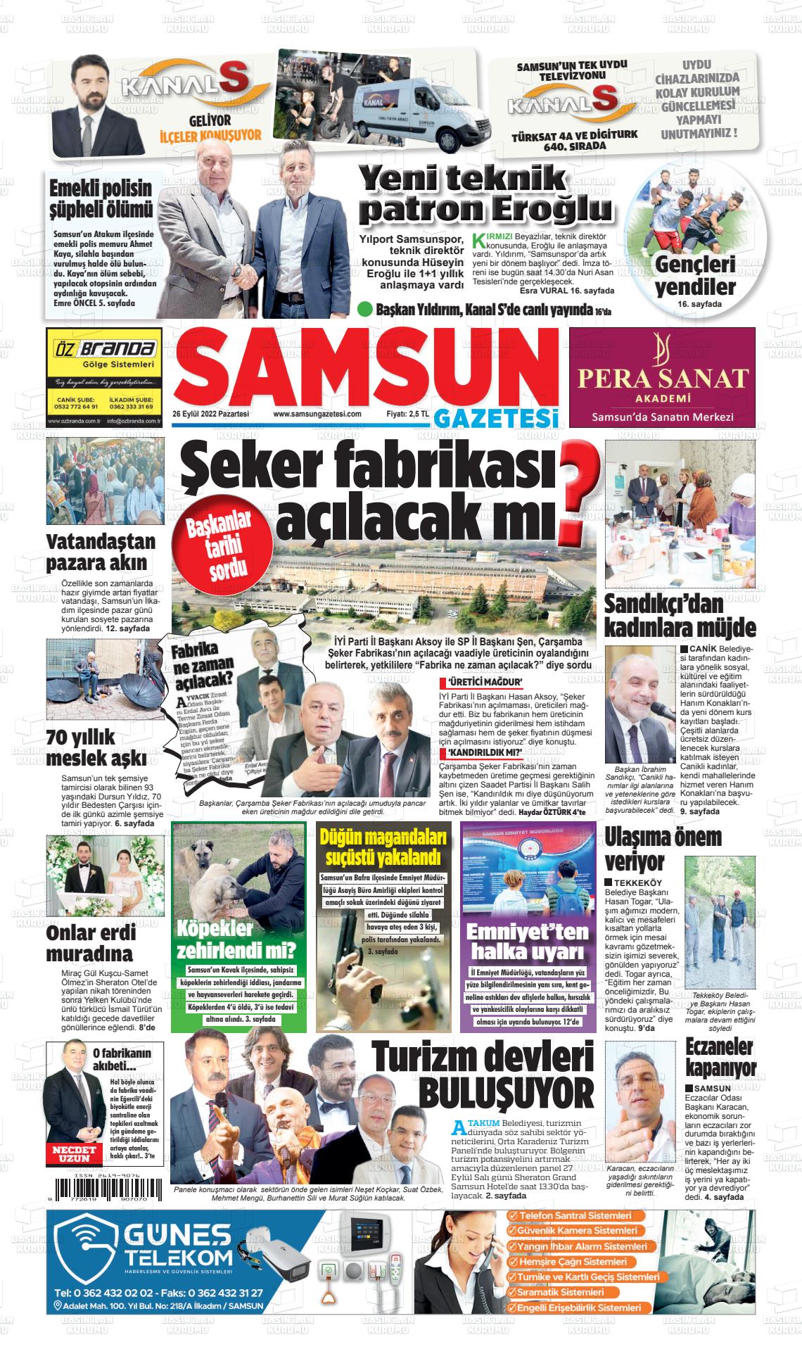 26 Eylül 2022 Samsun Gazete Manşeti
