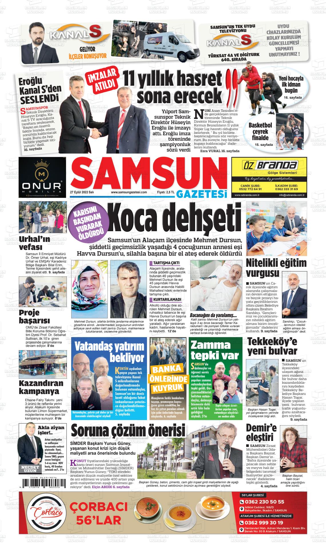 27 Eylül 2022 Samsun Gazete Manşeti