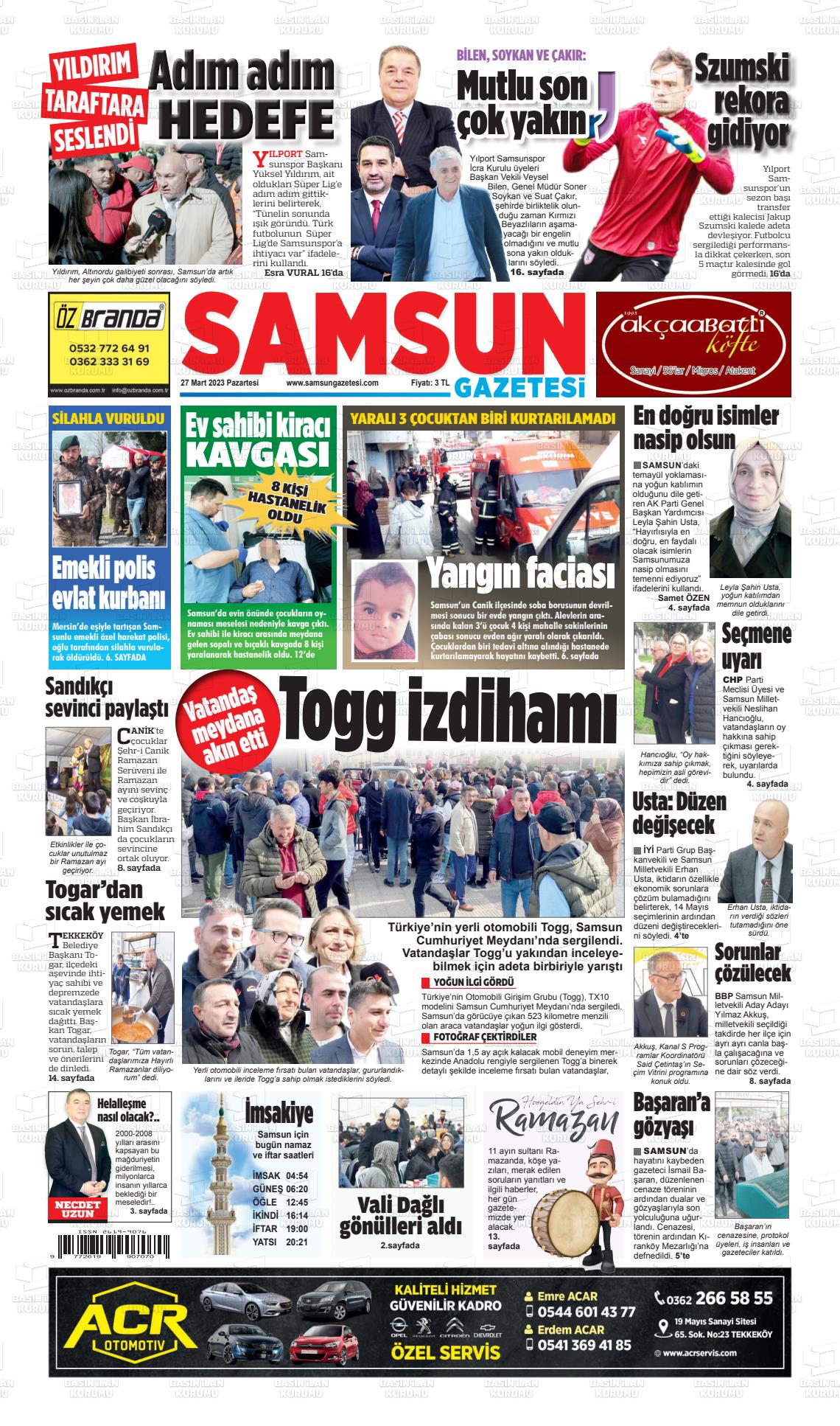 27 Mart 2023 Samsun Gazete Manşeti