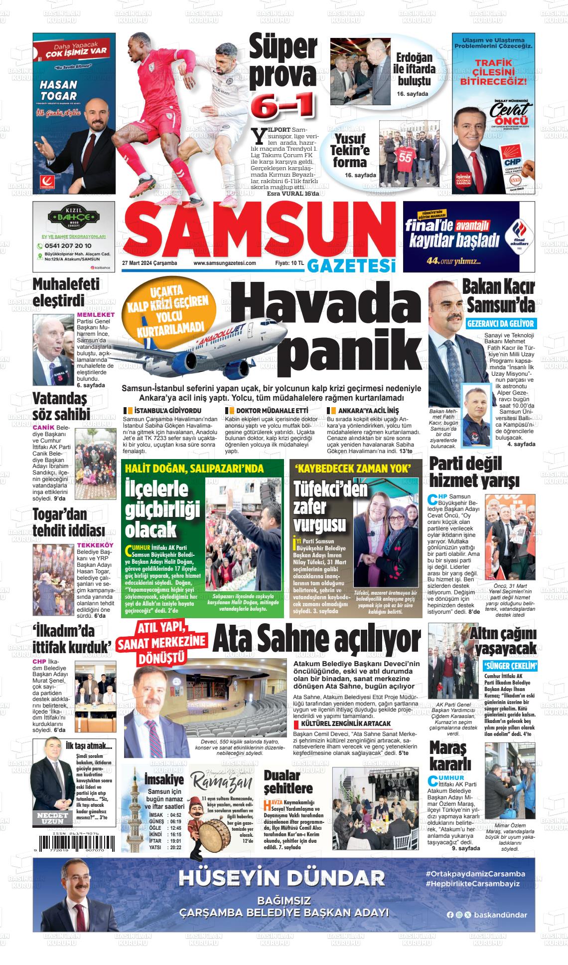 27 Mart 2024 Samsun Gazete Manşeti