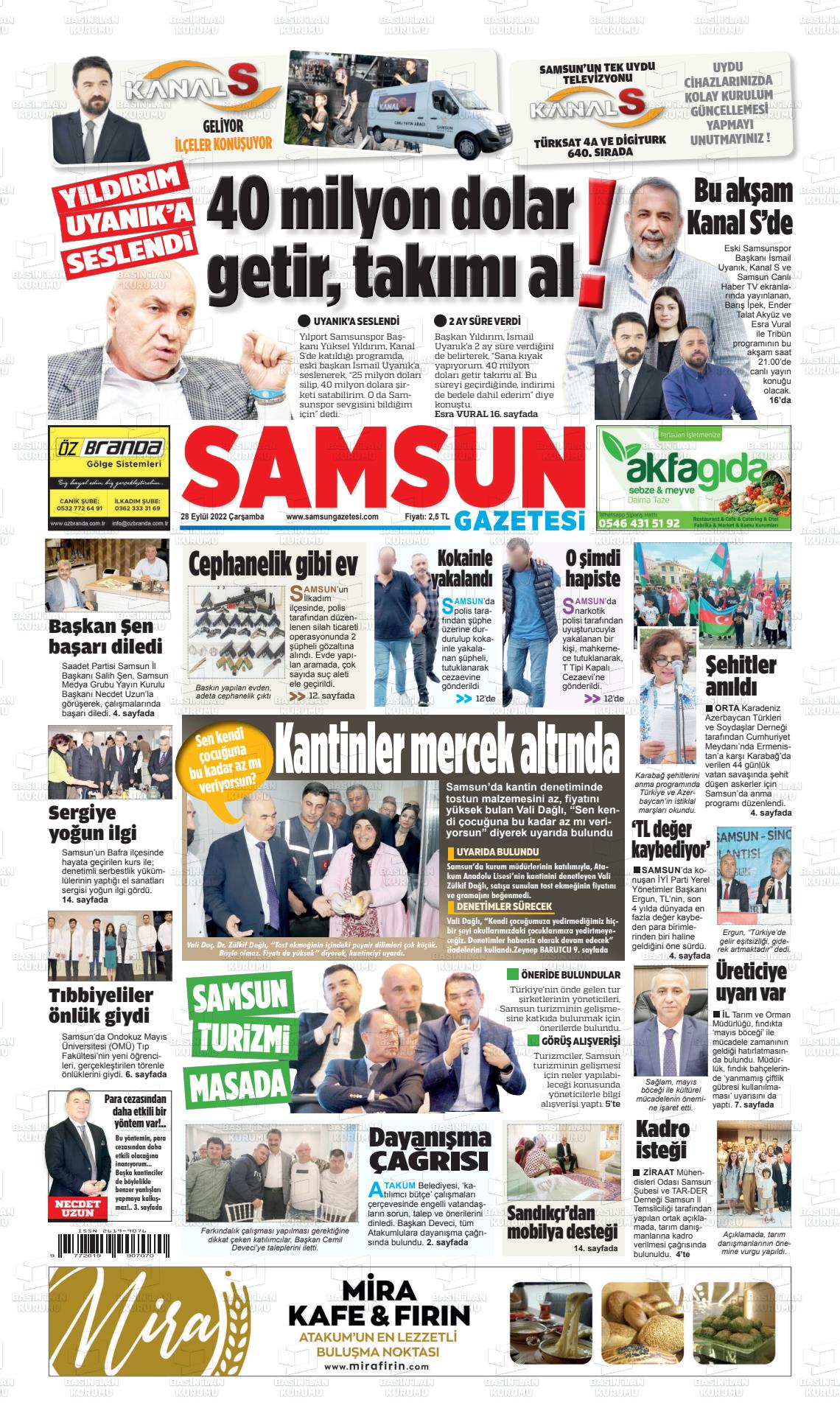 28 Eylül 2022 Samsun Gazete Manşeti