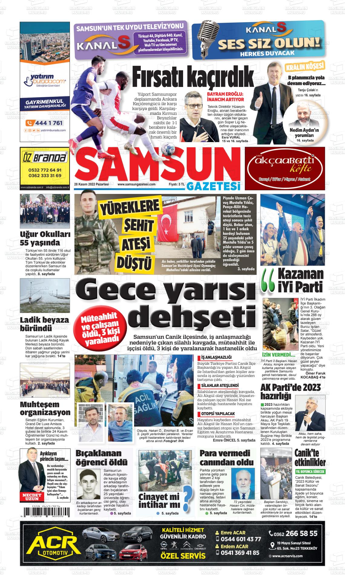 28 Kasım 2022 Samsun Gazete Manşeti