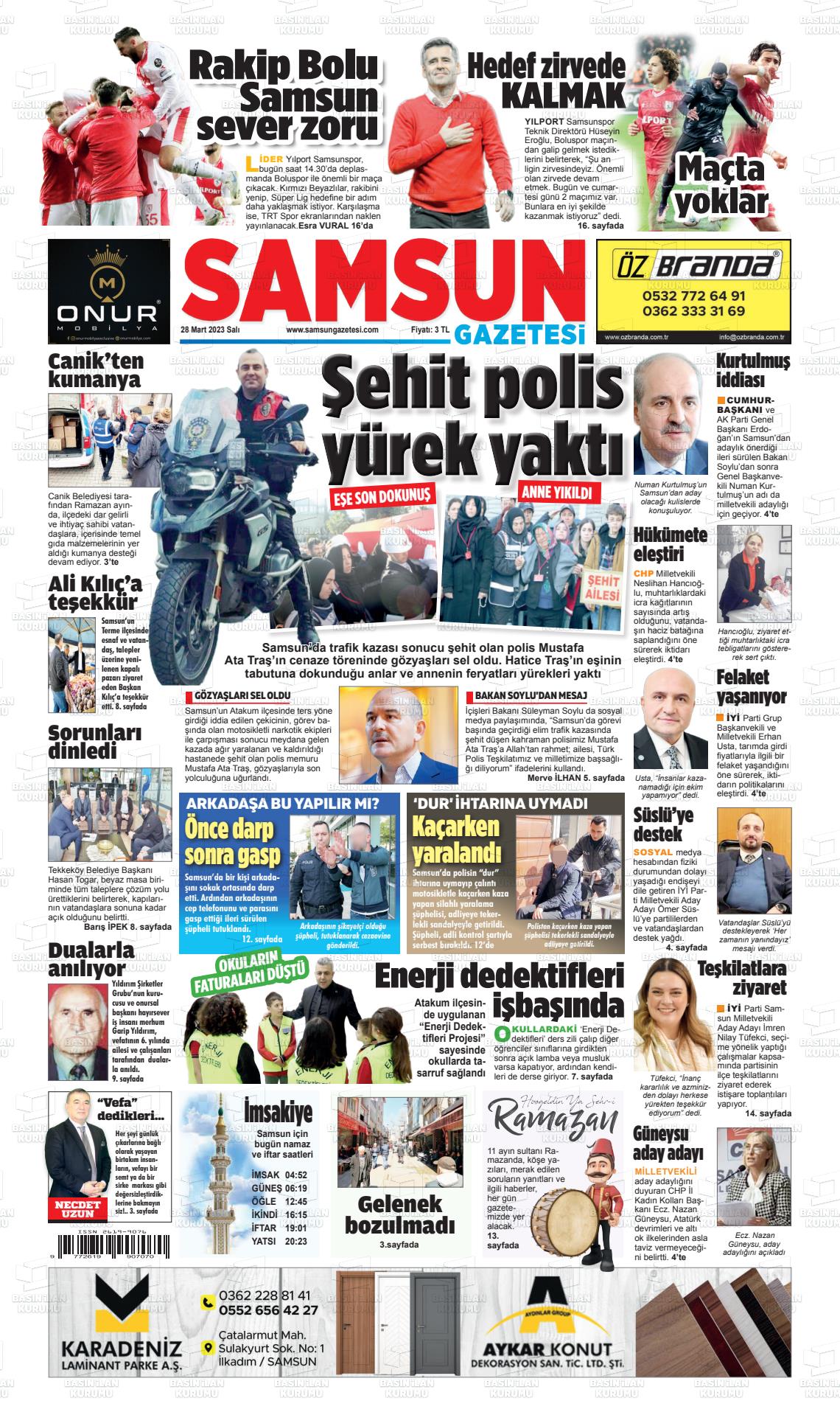 28 Mart 2023 Samsun Gazete Manşeti