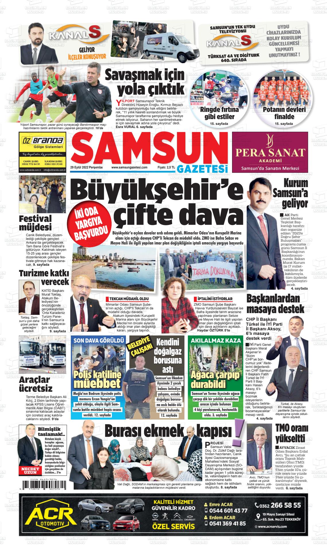 29 Eylül 2022 Samsun Gazete Manşeti