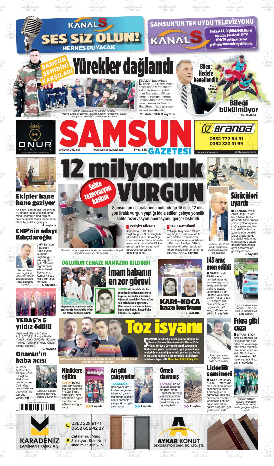 29 Kasım 2022 Samsun Gazete Manşeti