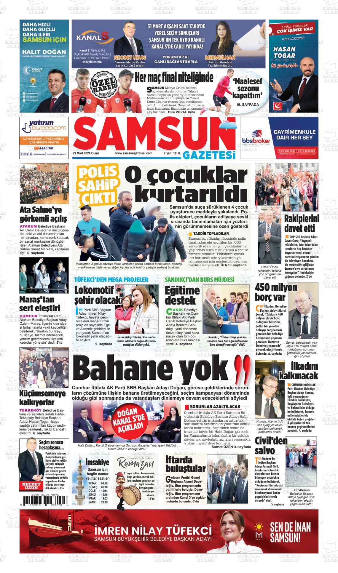 29 Mart 2024 Samsun Gazete Manşeti