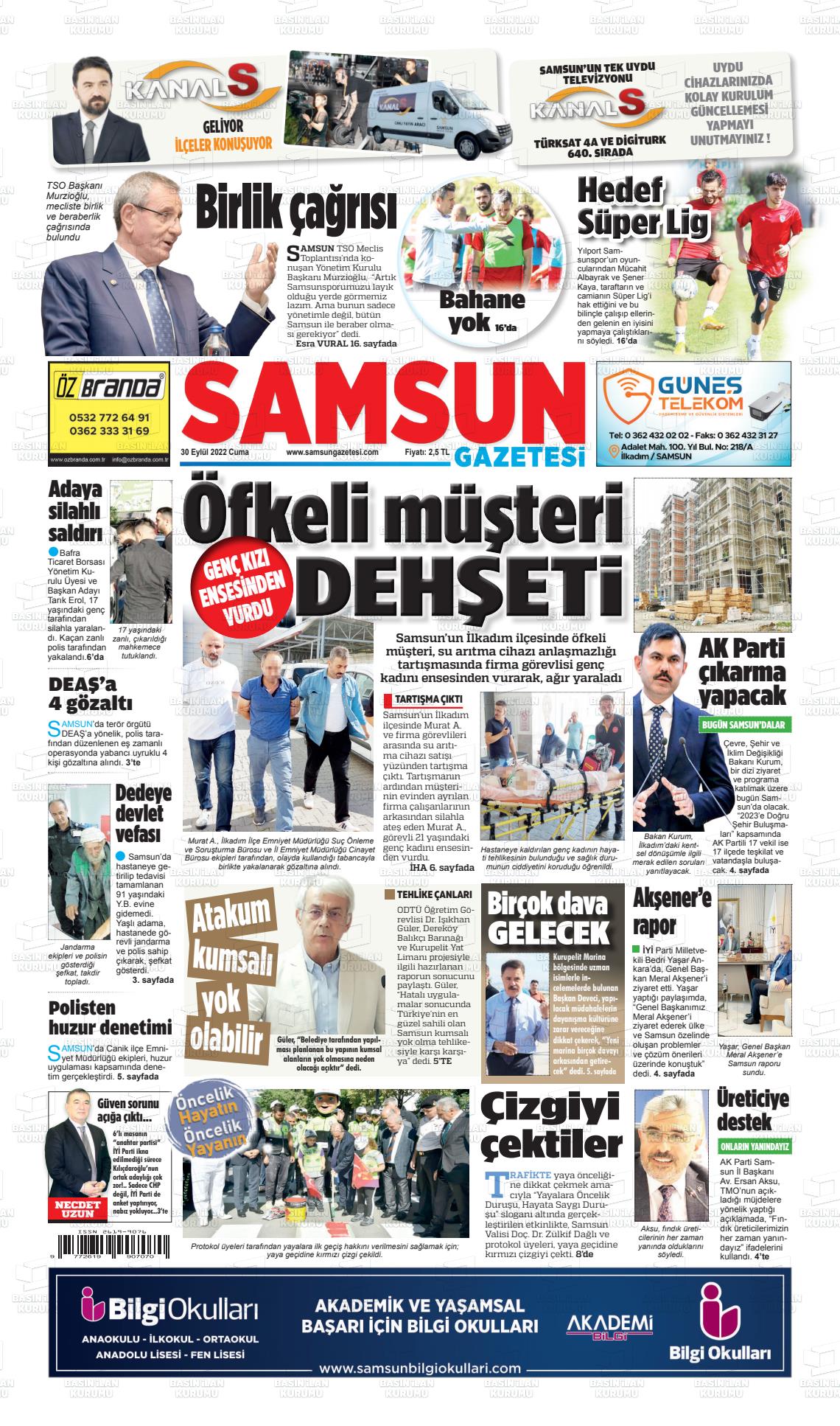30 Eylül 2022 Samsun Gazete Manşeti