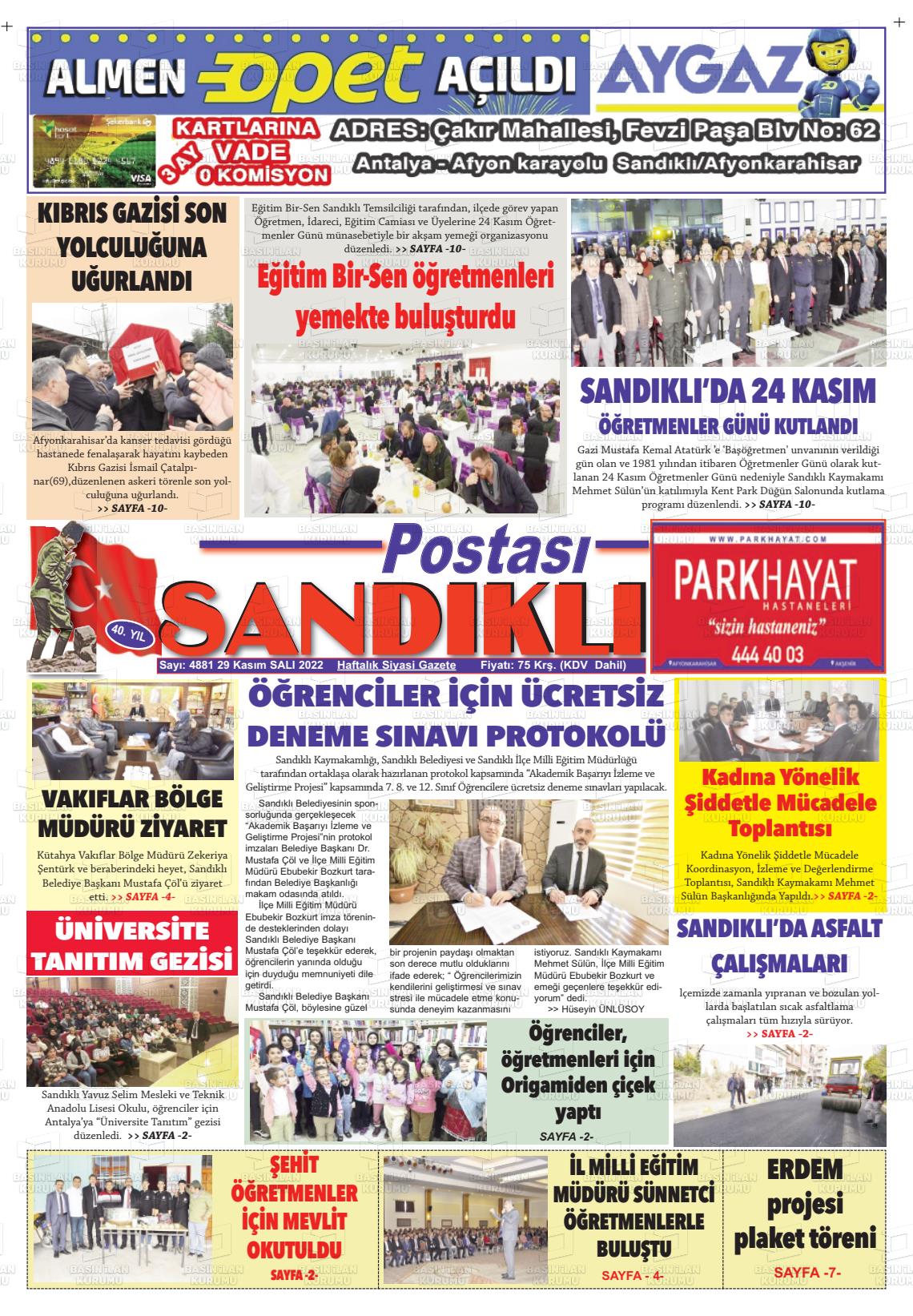 29 Kasım 2022 Sandıklı Postası Gazete Manşeti