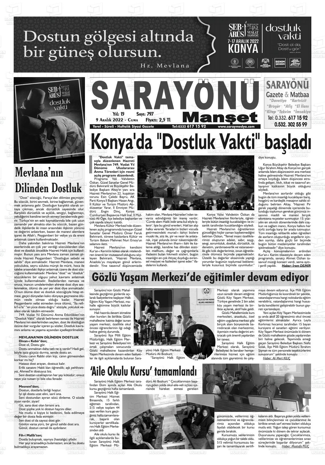 09 Aralık 2022 Saray Medya Gazete Manşeti