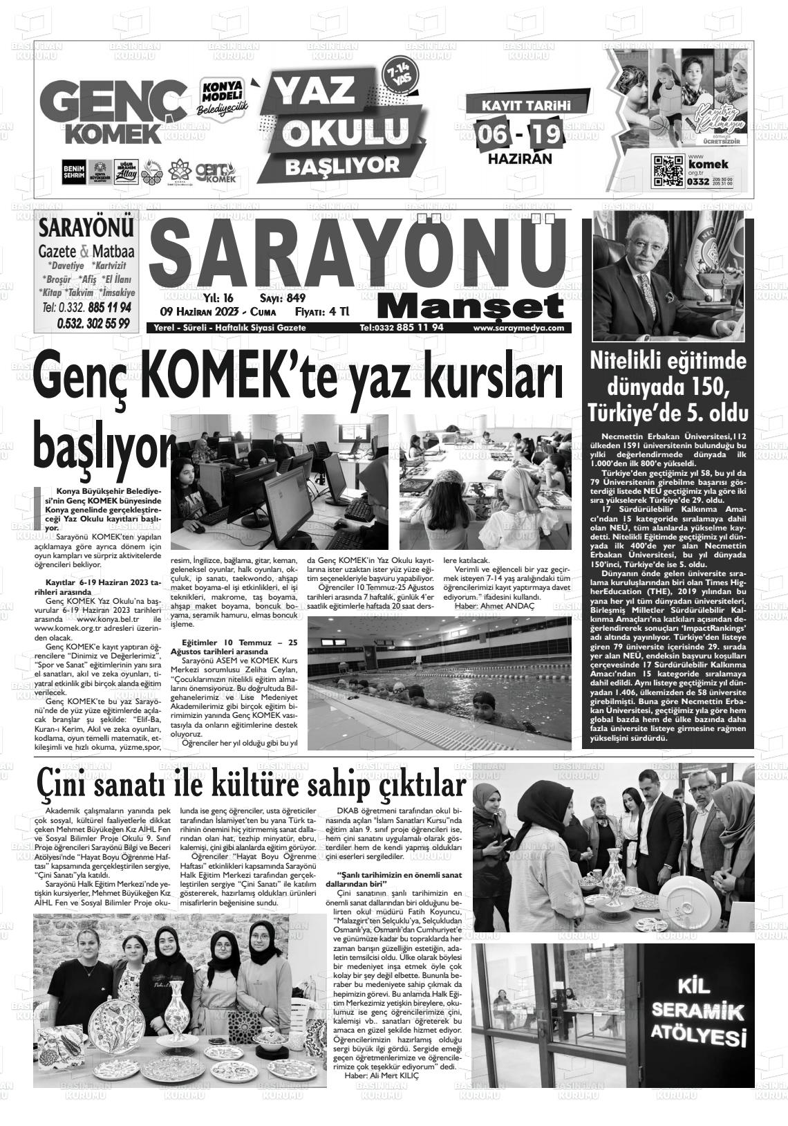 09 Haziran 2023 Saray Medya Gazete Manşeti