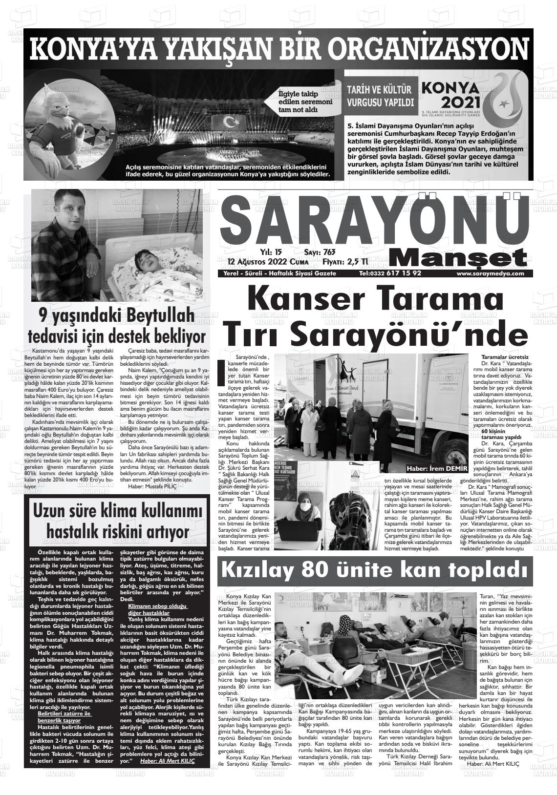 12 Ağustos 2022 Saray Medya Gazete Manşeti