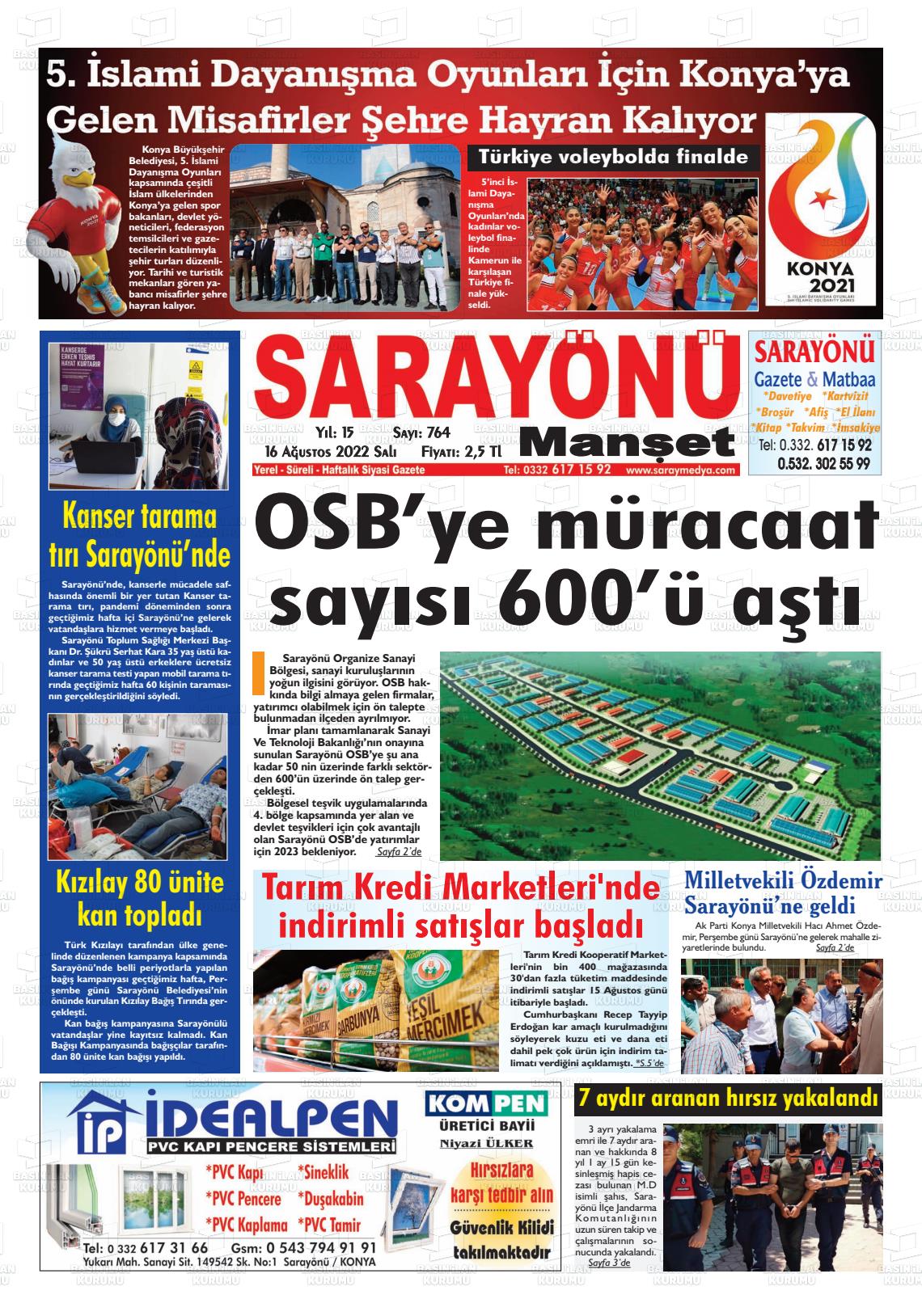 16 Ağustos 2022 Saray Medya Gazete Manşeti