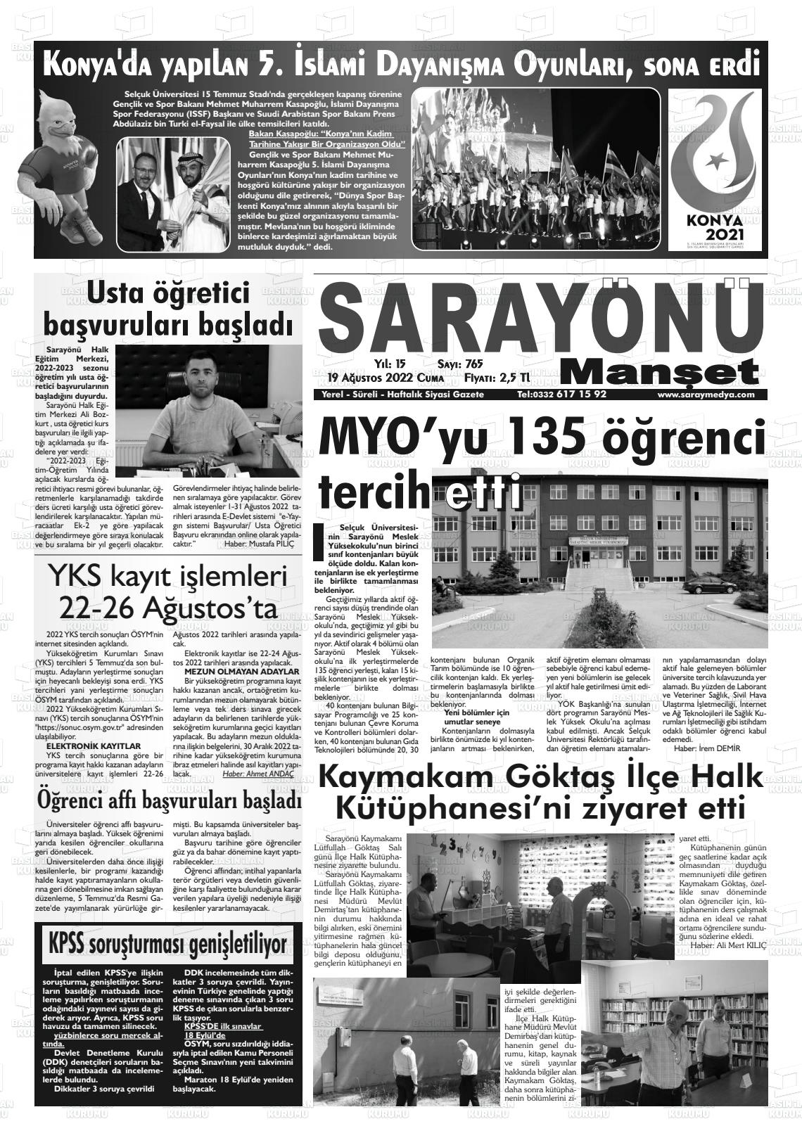 19 Ağustos 2022 Saray Medya Gazete Manşeti