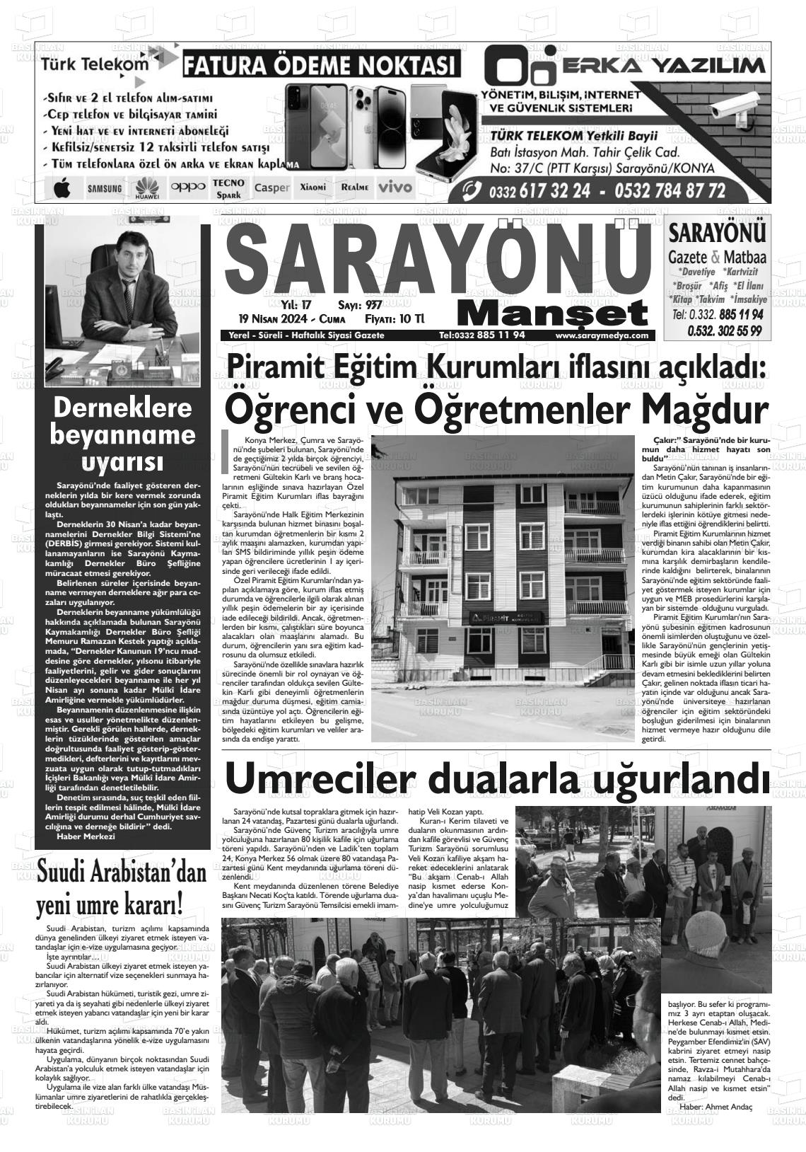 19 Nisan 2024 Saray Medya Gazete Manşeti