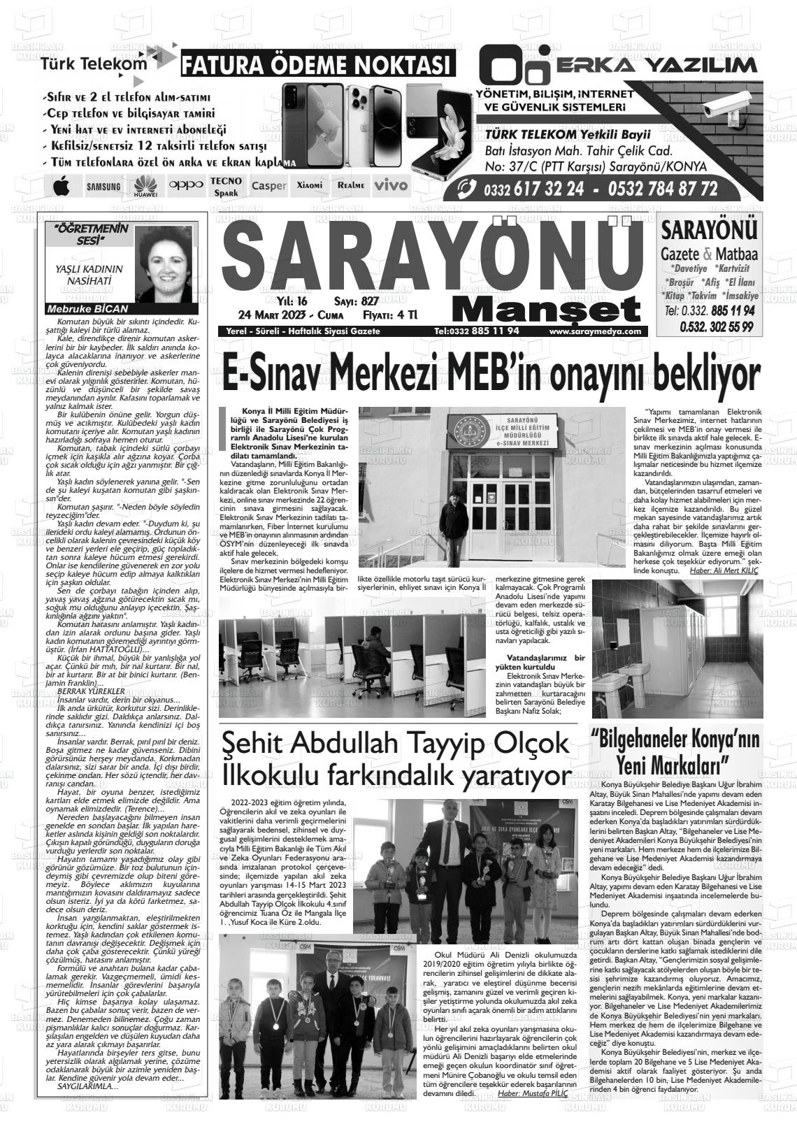 24 Mart 2023 Saray Medya Gazete Manşeti