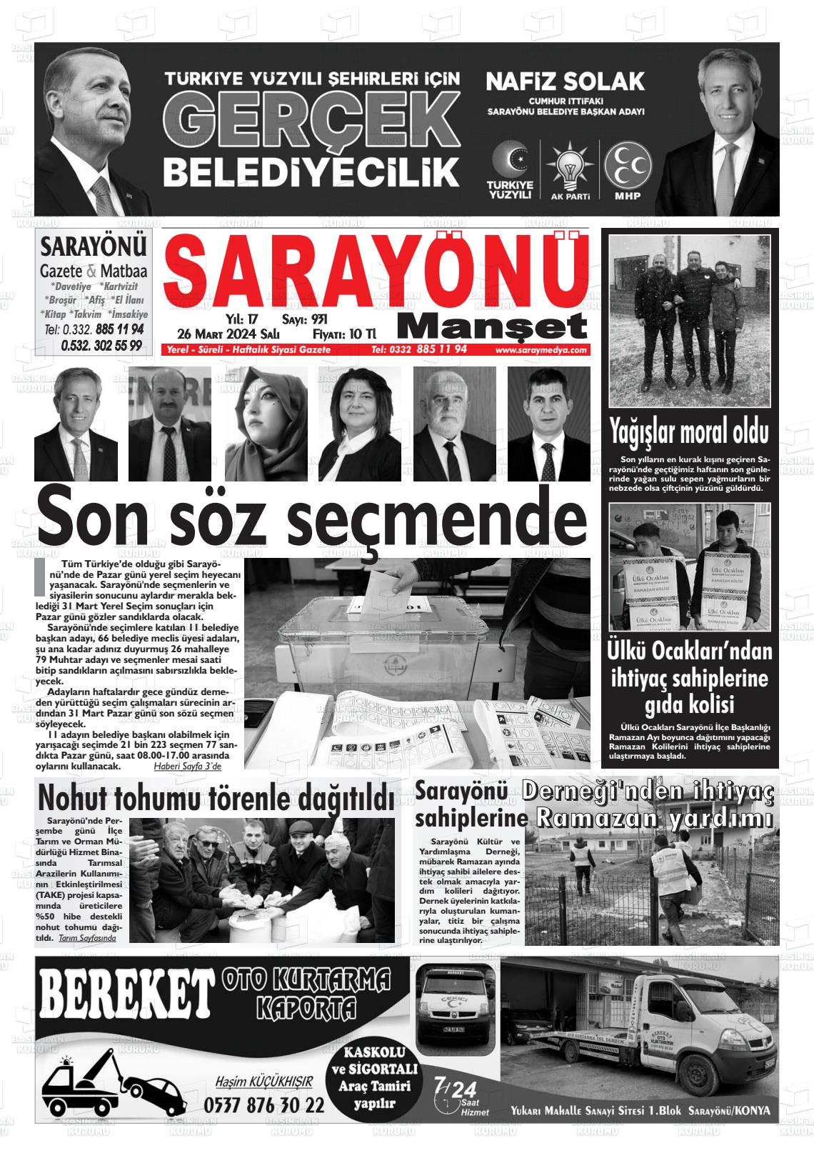 26 Mart 2024 Saray Medya Gazete Manşeti