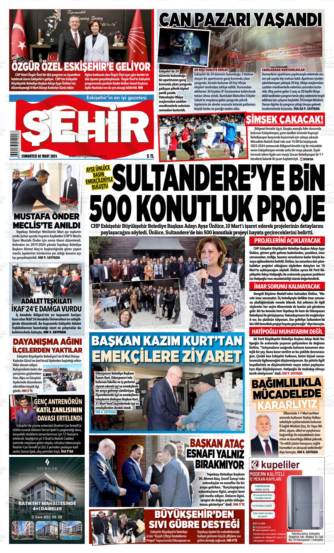 02 Mart 2024 Şehir Gazete Manşeti