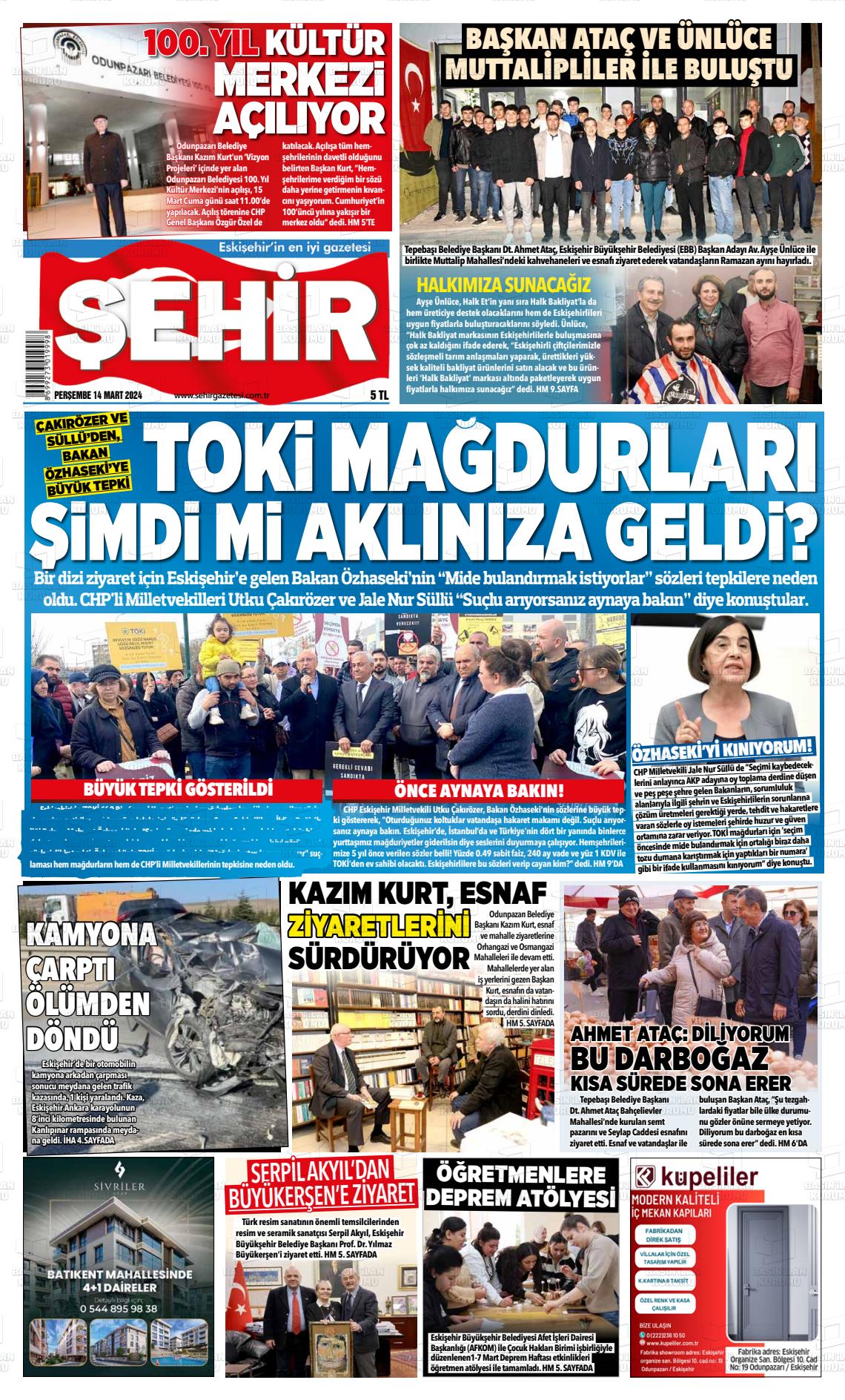 14 Mart 2024 Şehir Gazete Manşeti