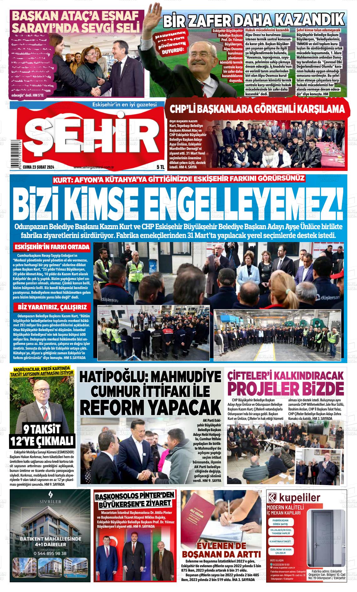 23 Şubat 2024 Şehir Gazete Manşeti