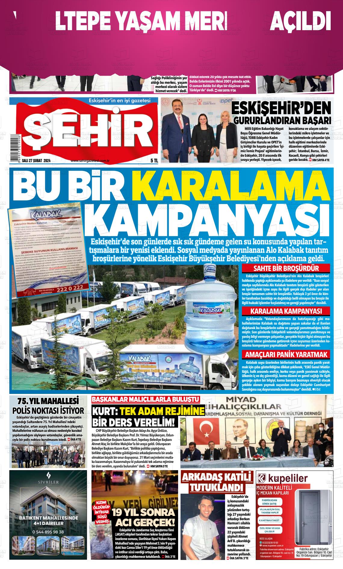 27 Şubat 2024 Şehir Gazete Manşeti