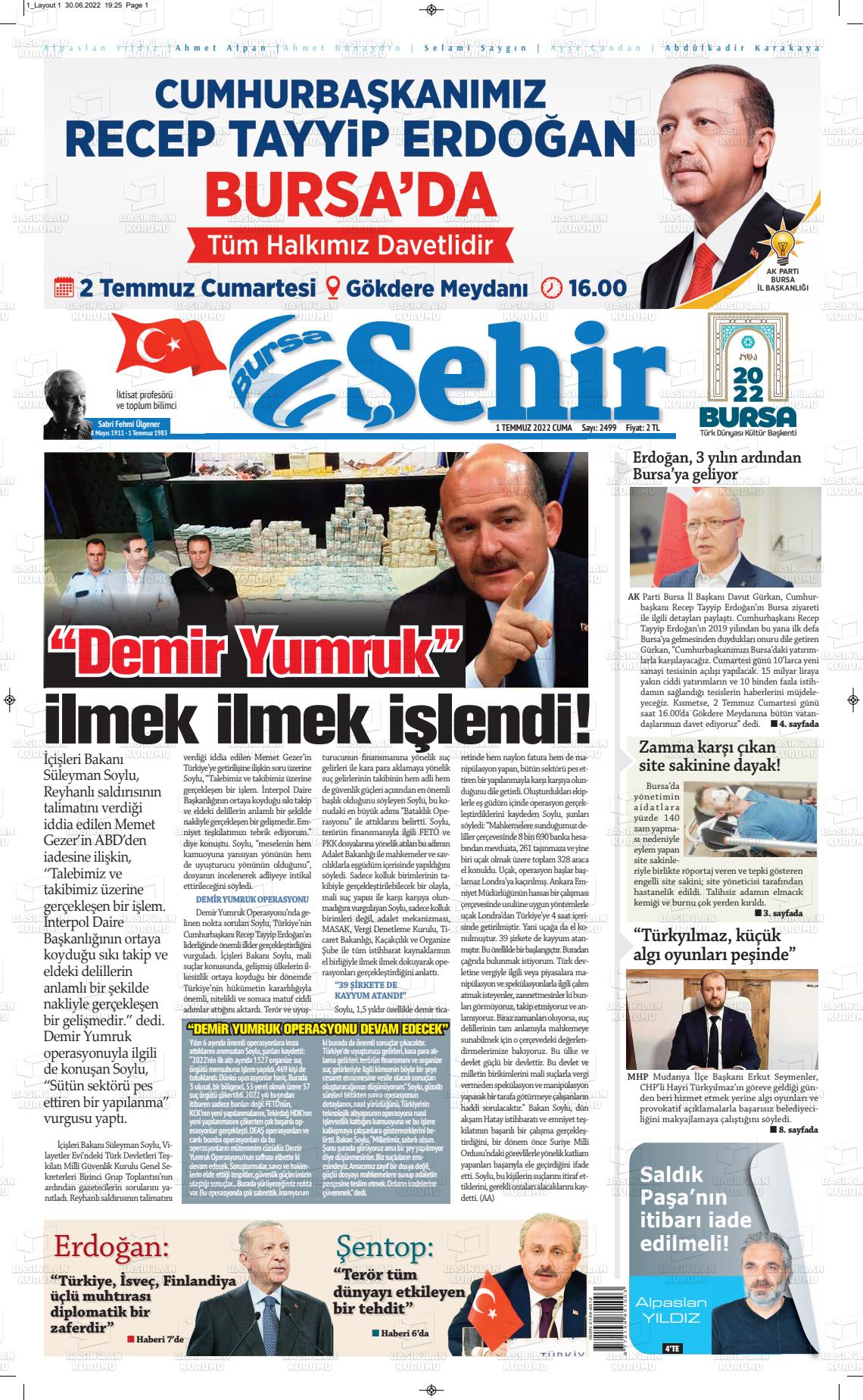 01 Temmuz 2022 Şehir Medya Gazete Manşeti