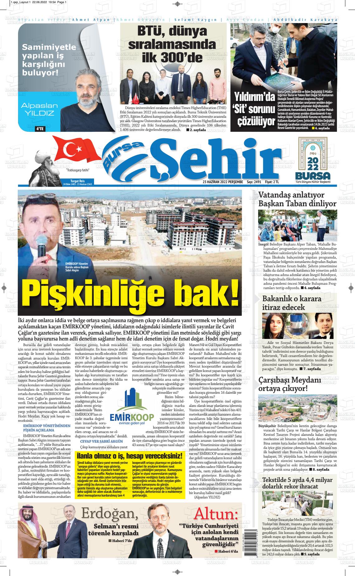 23 Haziran 2022 Şehir Medya Gazete Manşeti