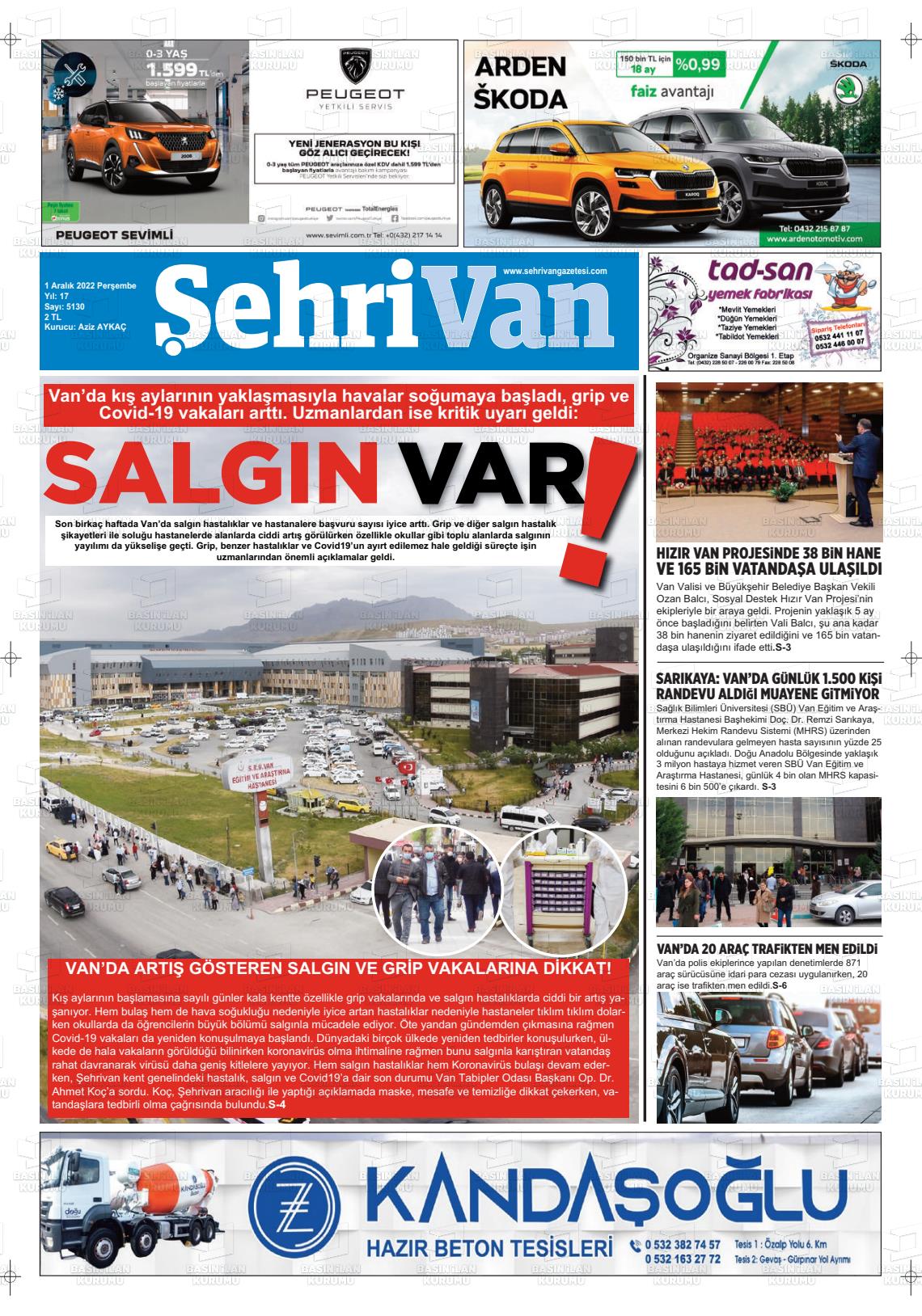 01 Aralık 2022 Şehrivan Gazete Manşeti