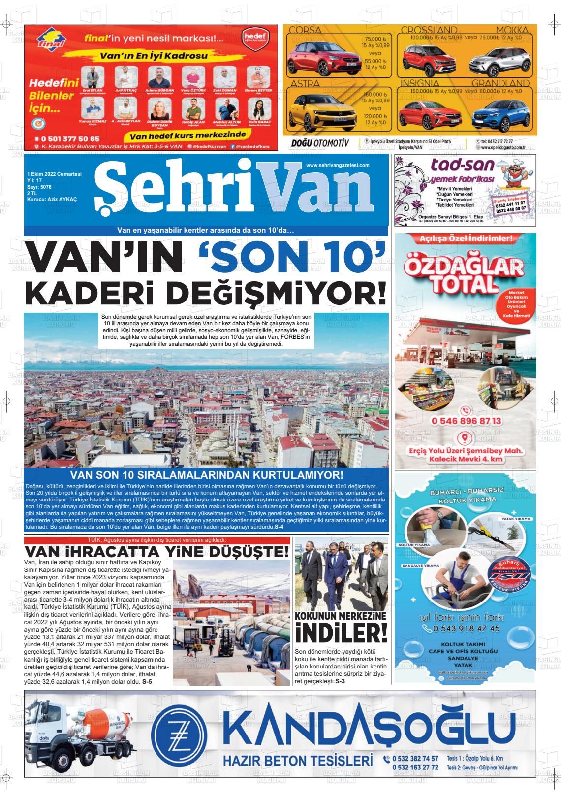 01 Ekim 2022 Şehrivan Gazete Manşeti