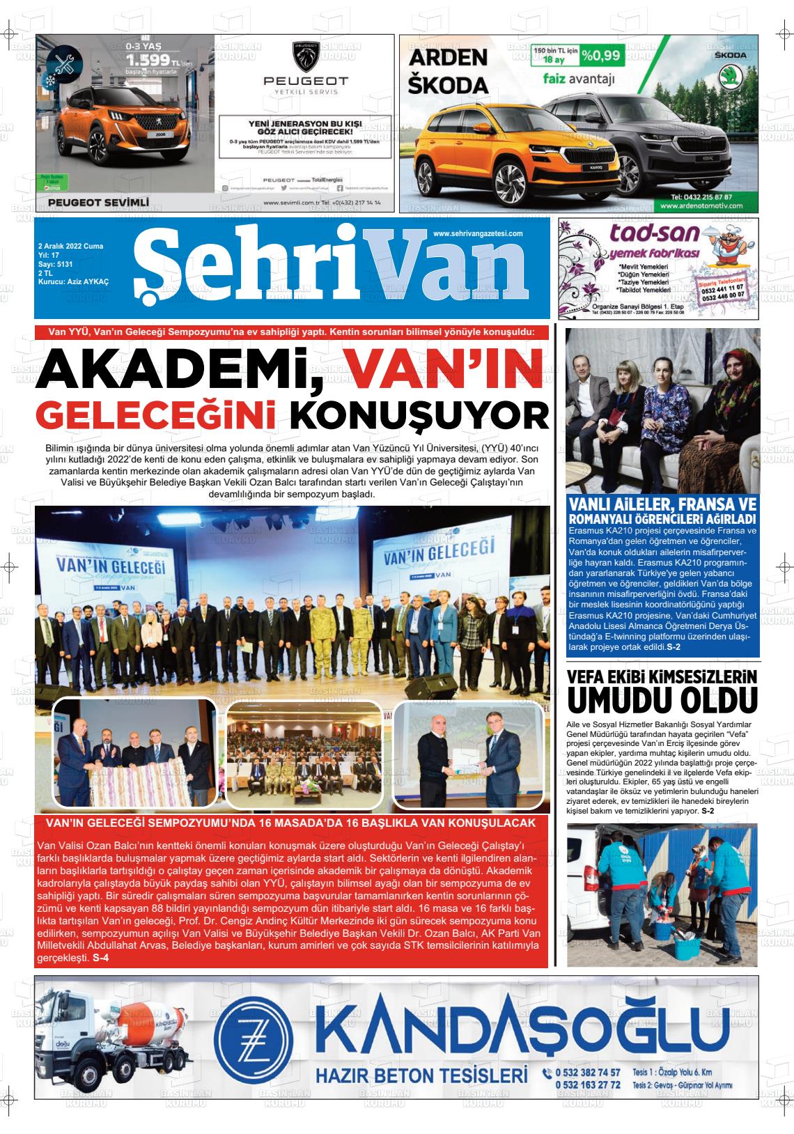 02 Aralık 2022 Şehrivan Gazete Manşeti