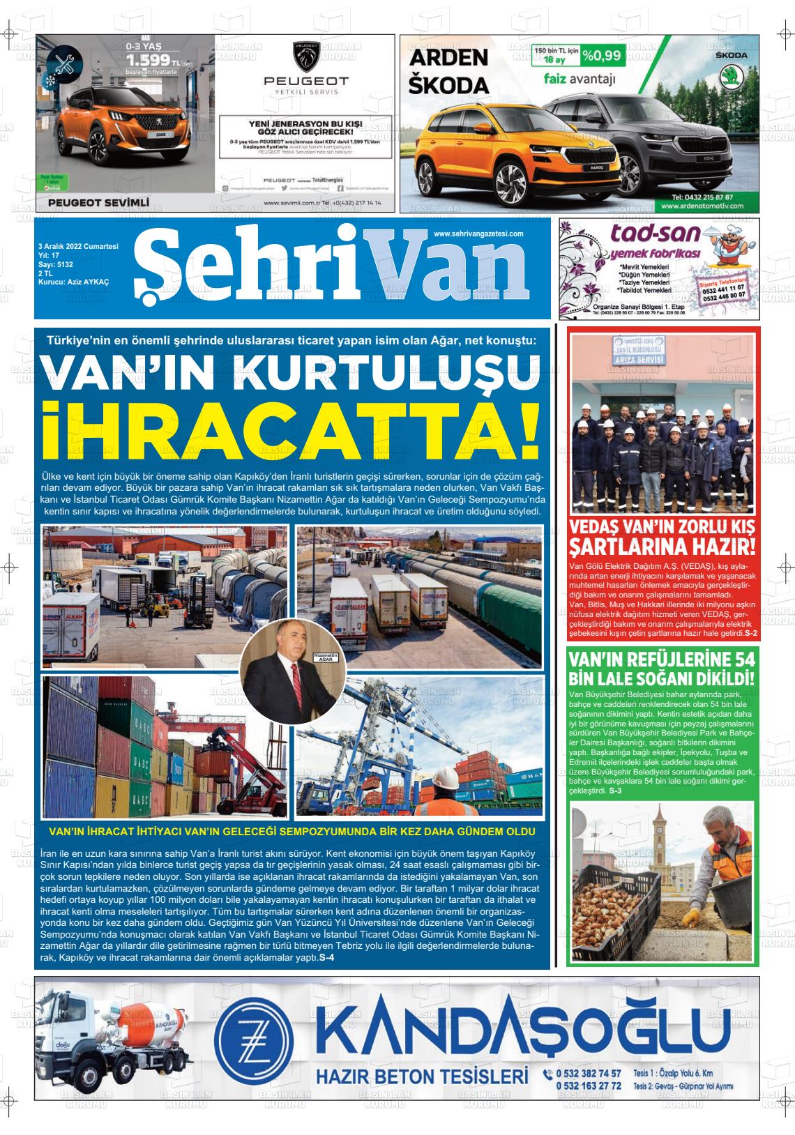 03 Aralık 2022 Şehrivan Gazete Manşeti