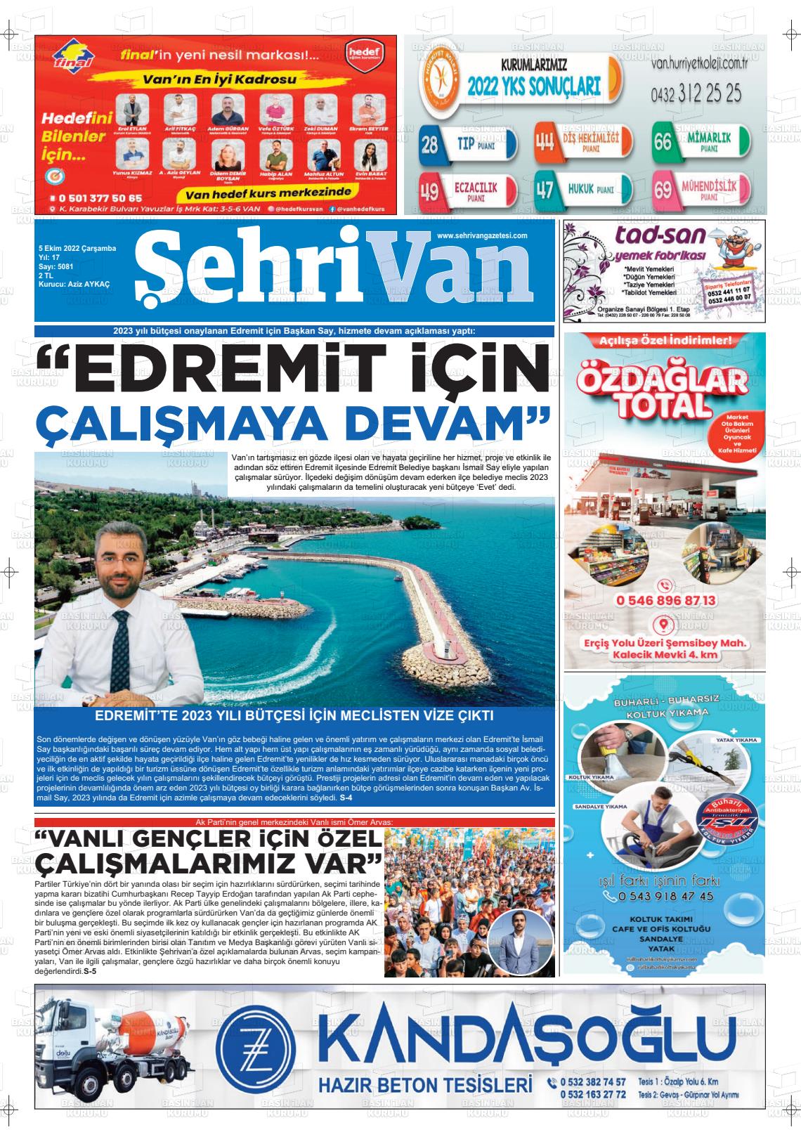 05 Ekim 2022 Şehrivan Gazete Manşeti
