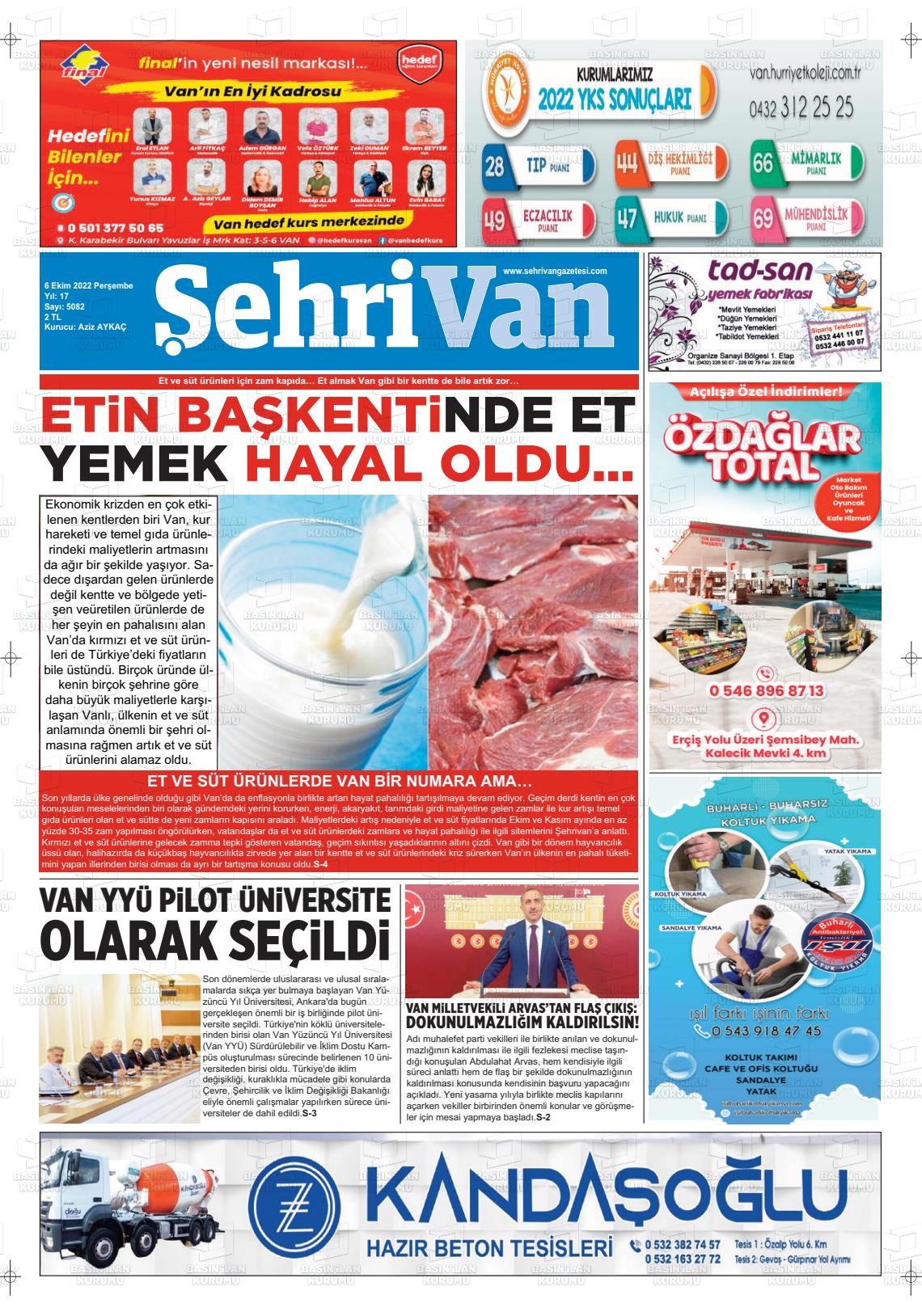 06 Ekim 2022 Şehrivan Gazete Manşeti