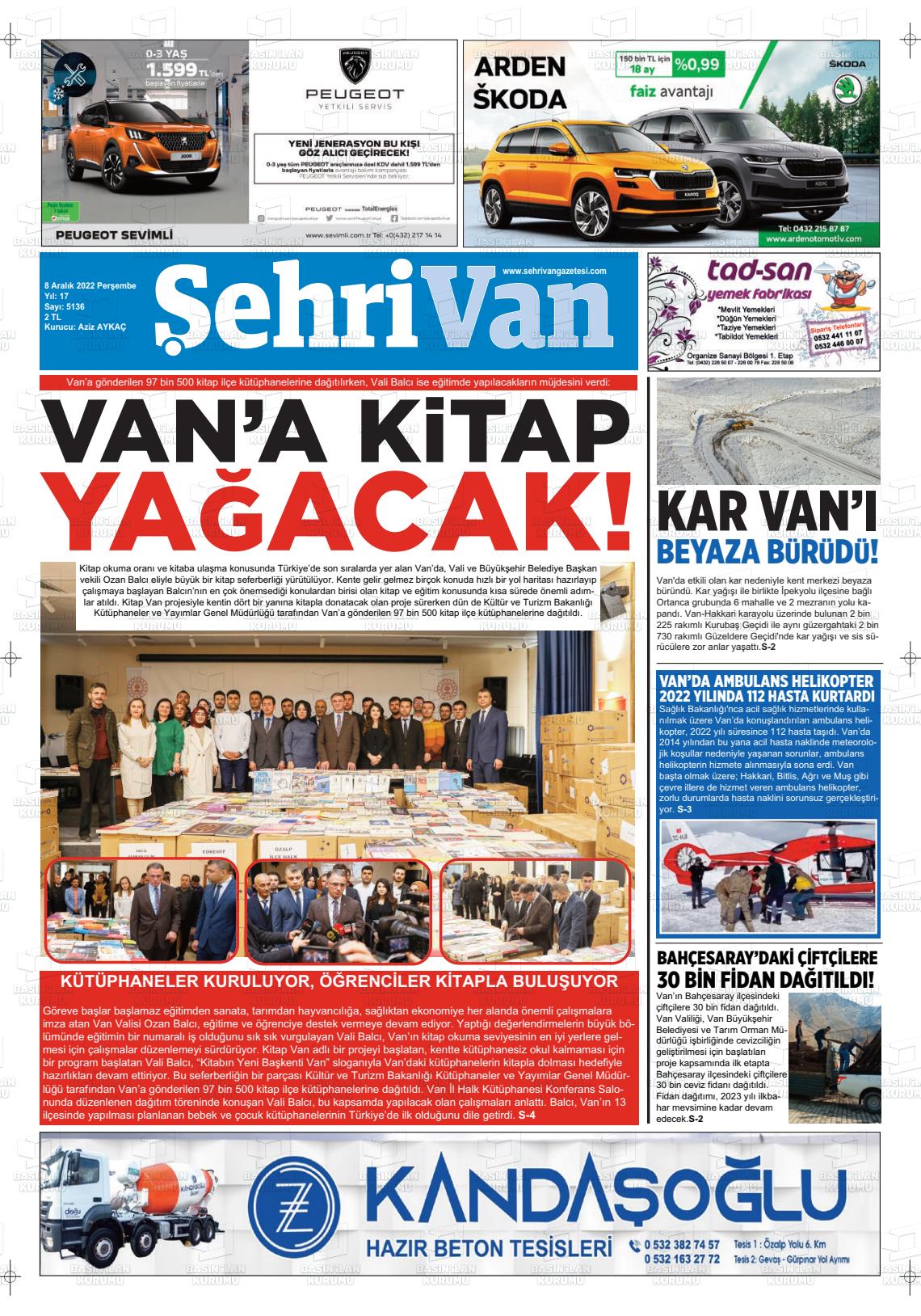 08 Aralık 2022 Şehrivan Gazete Manşeti