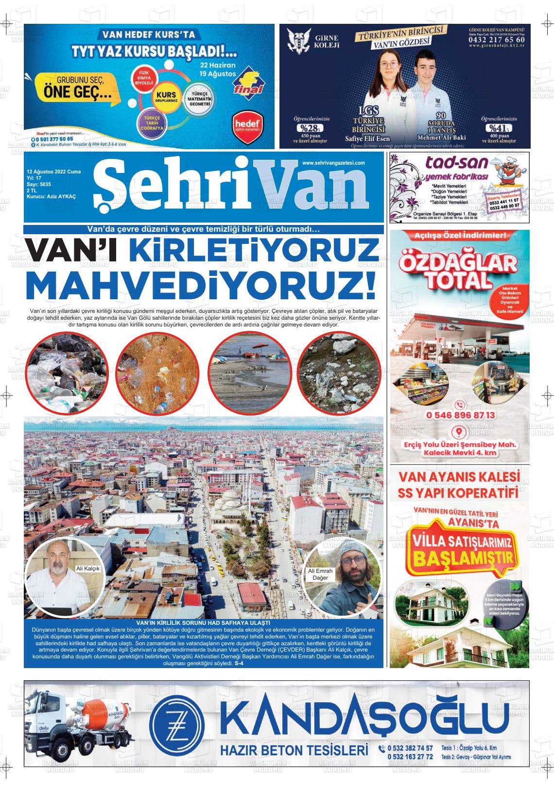 12 Ağustos 2022 Şehrivan Gazete Manşeti
