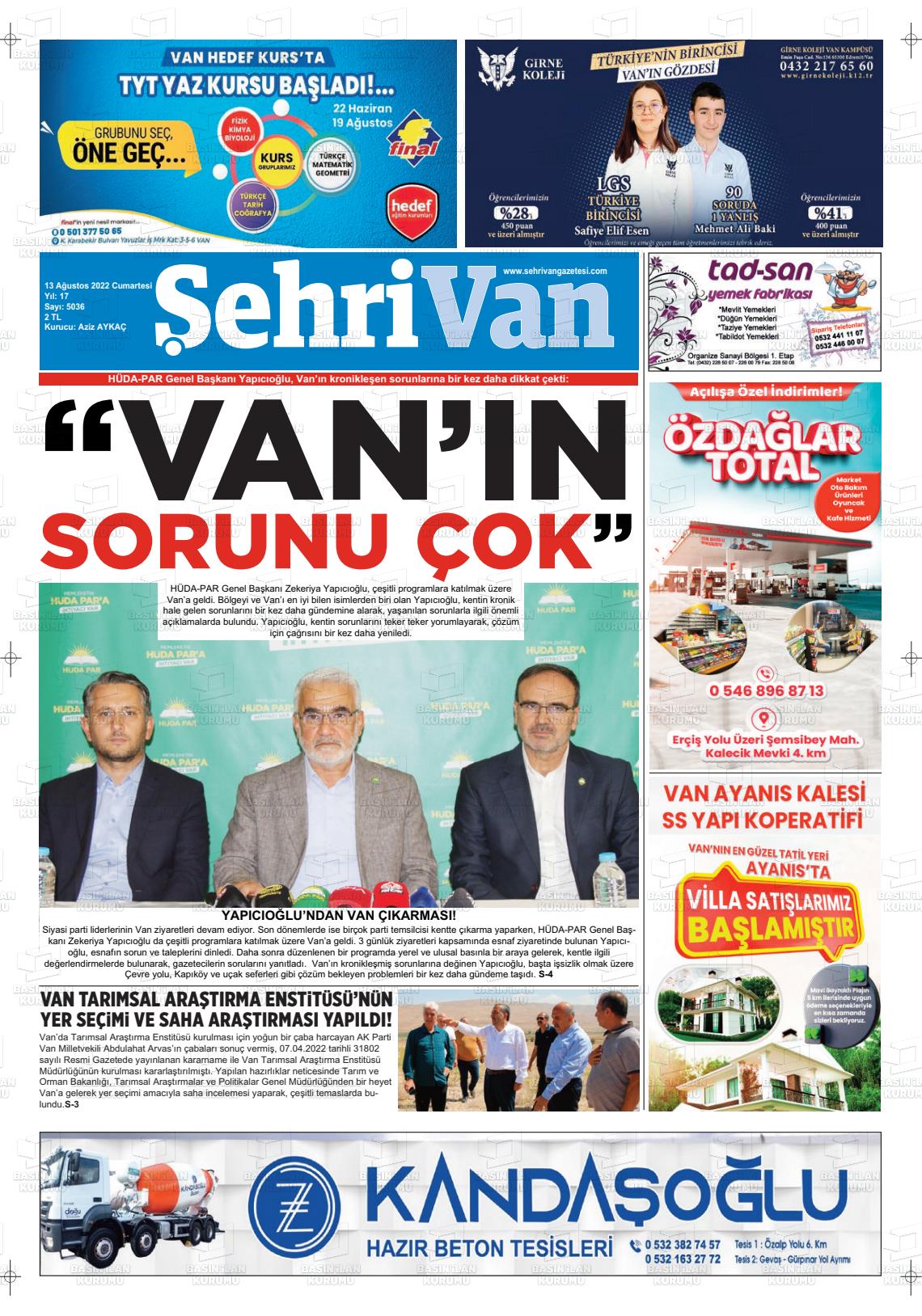 13 Ağustos 2022 Şehrivan Gazete Manşeti