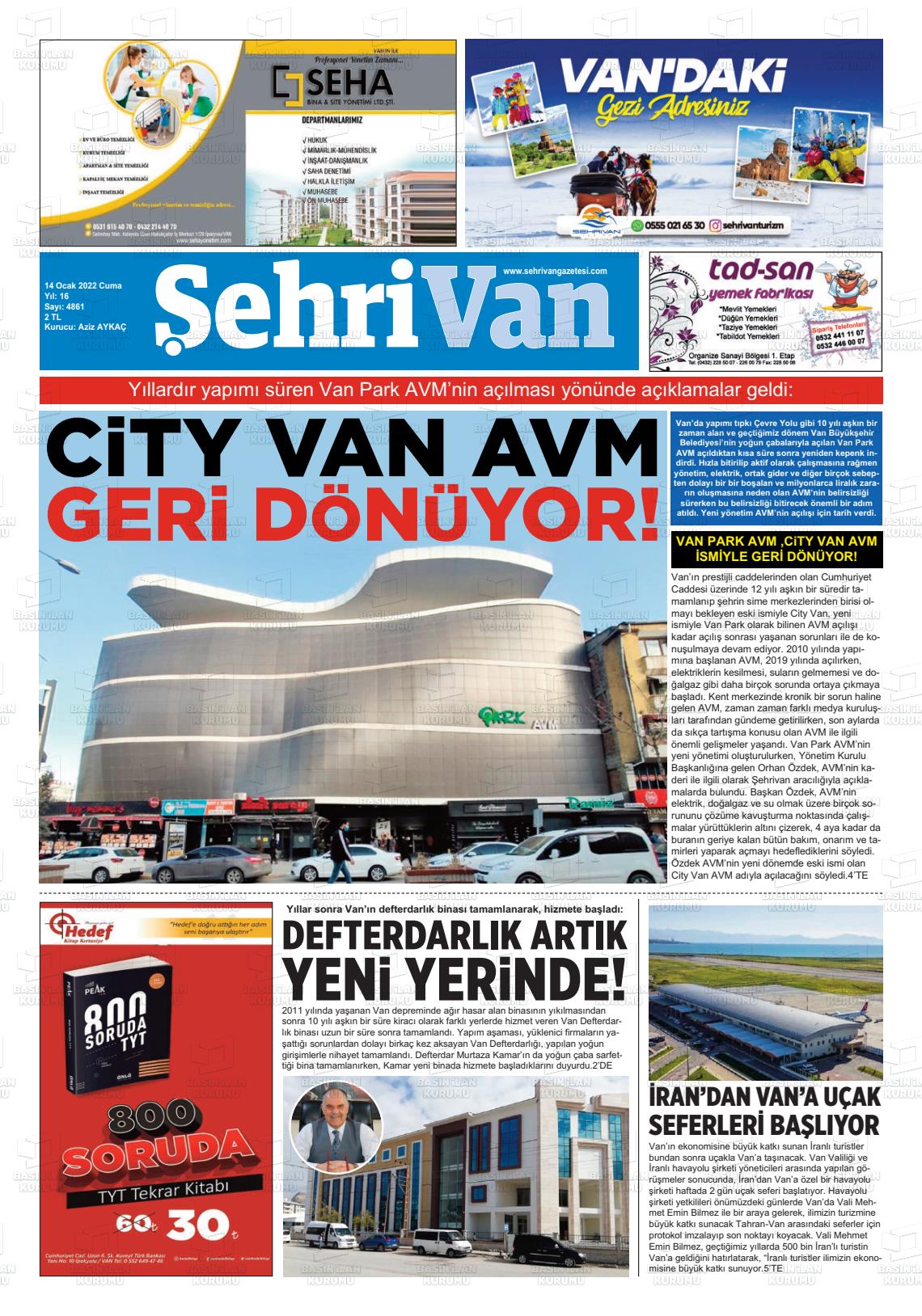 14 Ocak 2022 Şehrivan Gazete Manşeti
