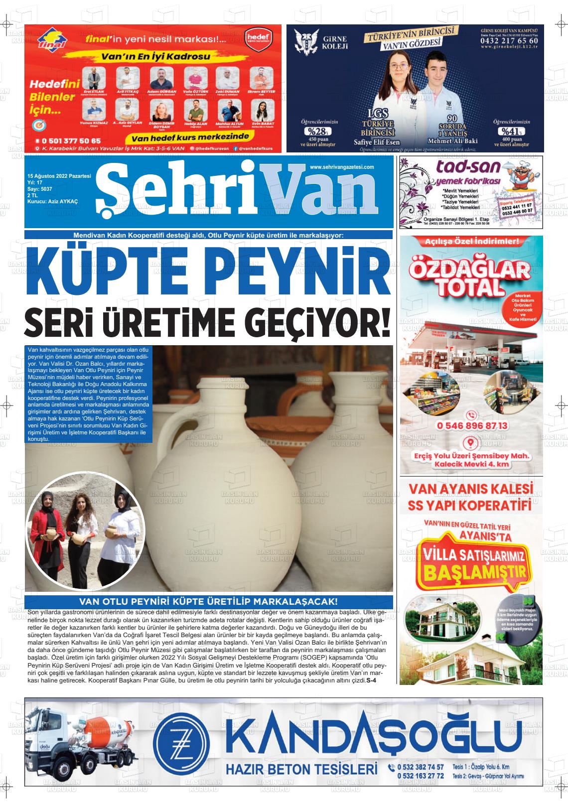15 Ağustos 2022 Şehrivan Gazete Manşeti