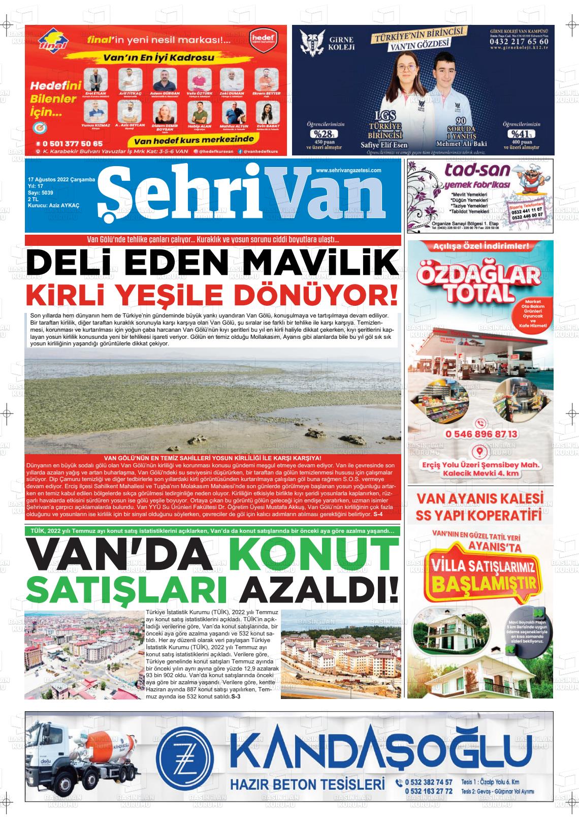 17 Ağustos 2022 Şehrivan Gazete Manşeti