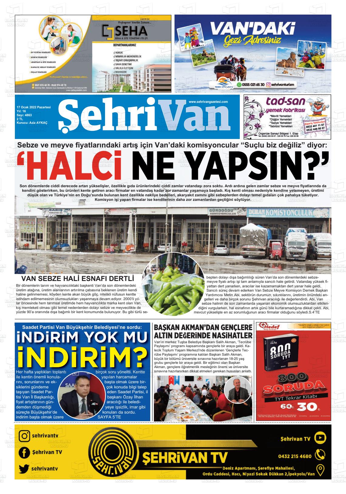 17 Ocak 2022 Şehrivan Gazete Manşeti